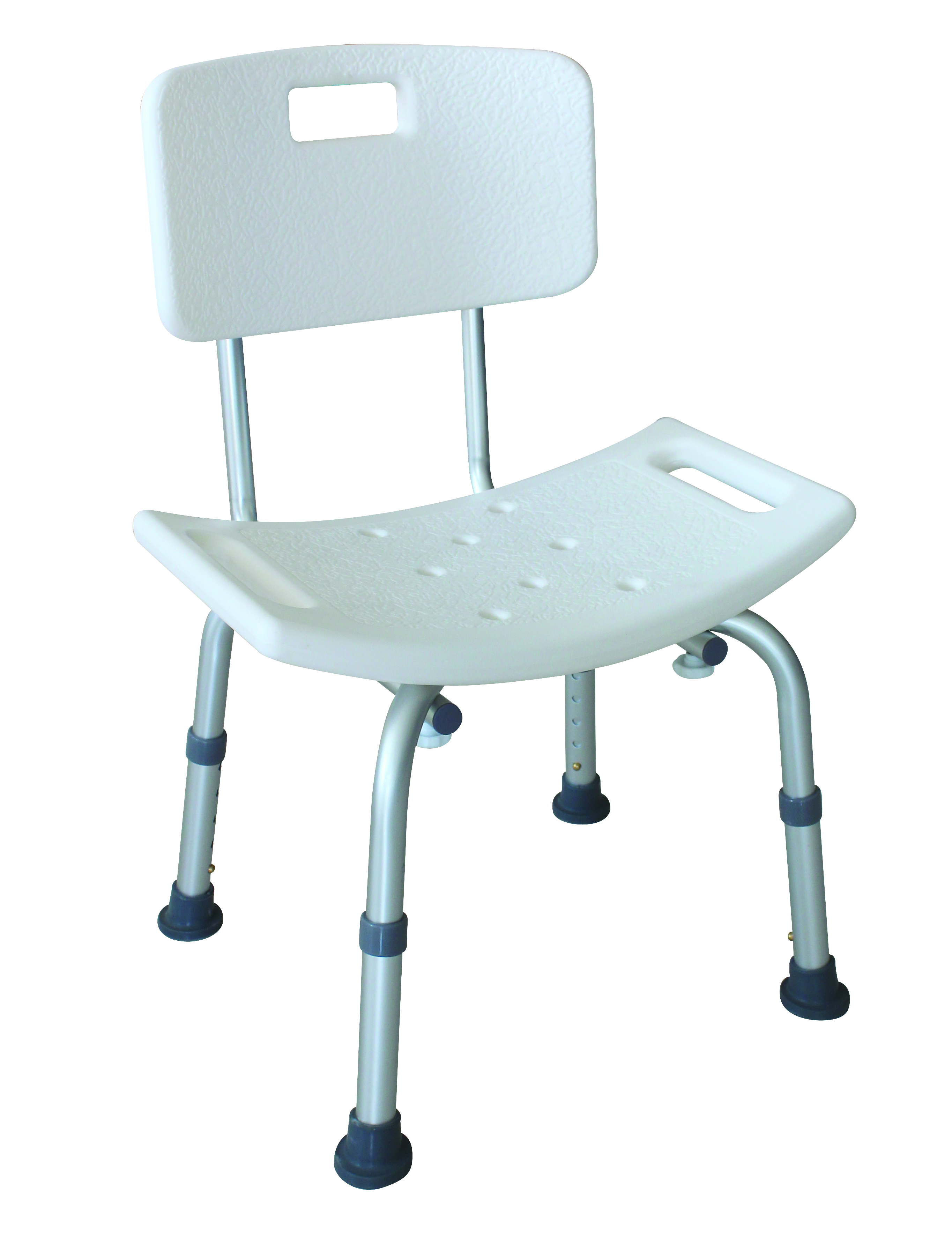 BAT-01 Chaise de bain en aluminium Romed avec dossier, orifi ces d‘égouttement et coussin antidérapant.