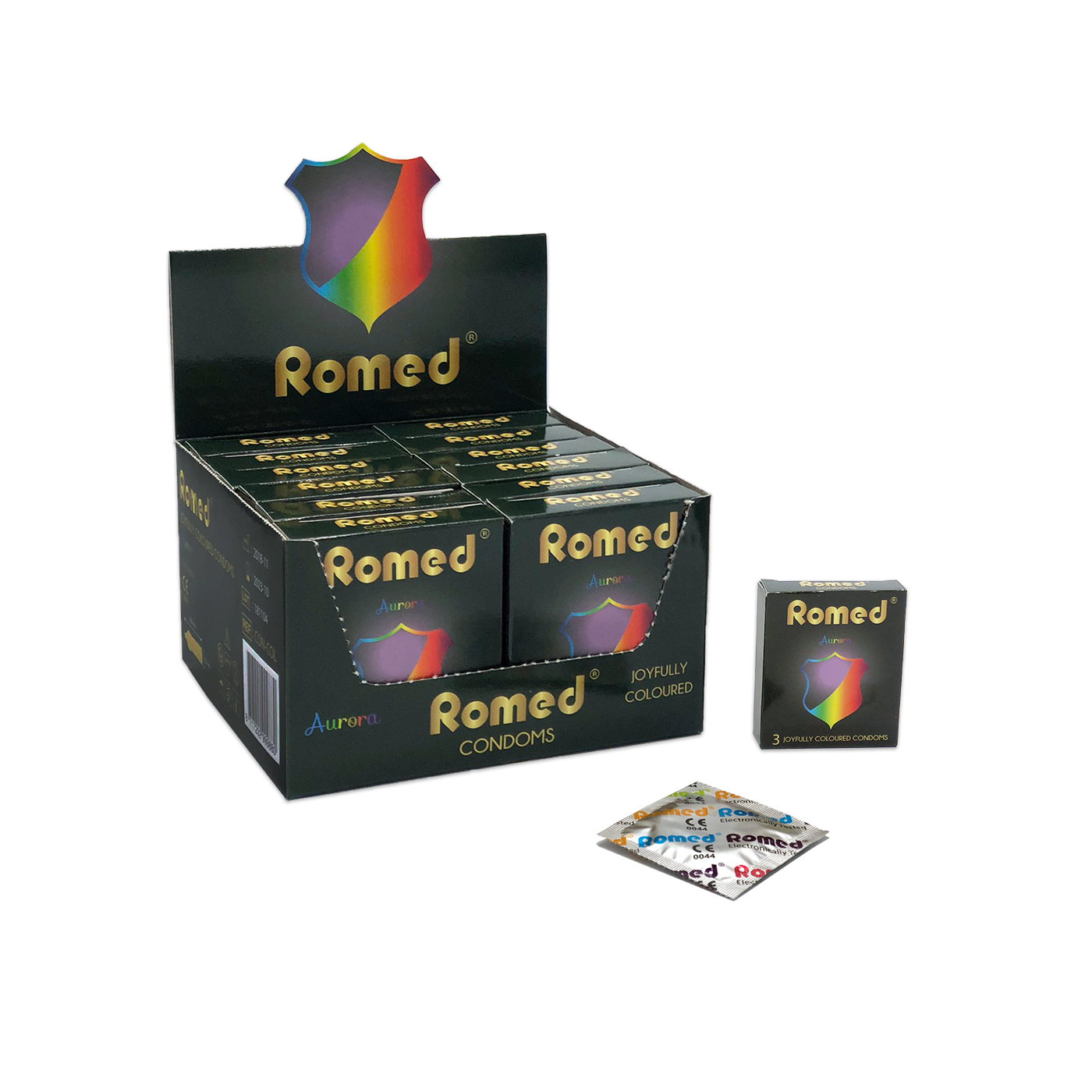 CON-COL Preservativos Romed, coloridos, embalados à un. em folha (quadrada), 3 un. numa pequena caixa, 12 x 3 un. = 36 un. por caixa de envio pronta para prateleira, 4 x 36 un. = 144 un. por caixa interna (=1 por grosso), 30 x 144 un. = 4320 un. por caixa de envio.