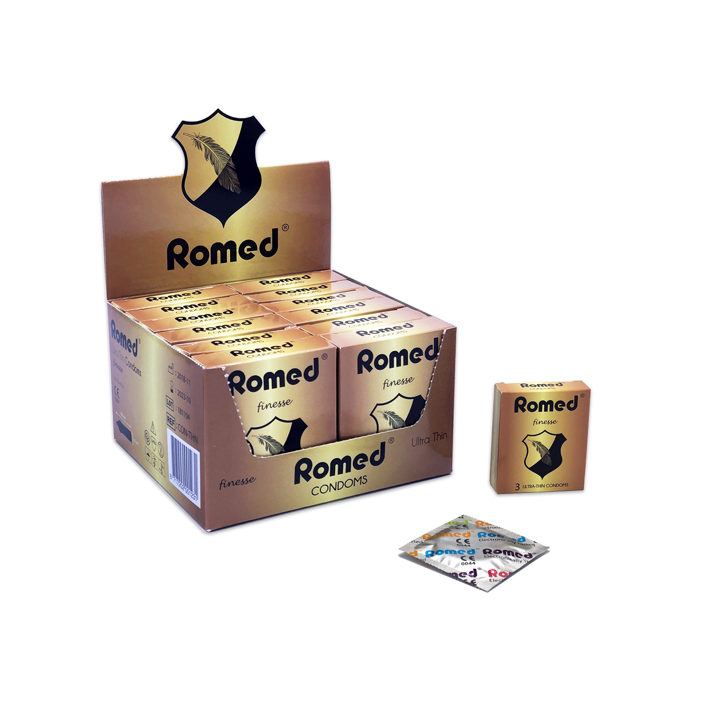 CON-THN Profilácticos Romed, extrafinos, empaquetados unitariamente en papel de aluminio (cuadrado), 3 unidades en una caja pequeña, 12 x 3 unidades = 36 unidades en una caja lista para usar, 4 x 36 unidades = 144 unidades en una caja interior (= 1 bruta), 30 x 144 unidades = 4320 unidades en una caja de cartón.