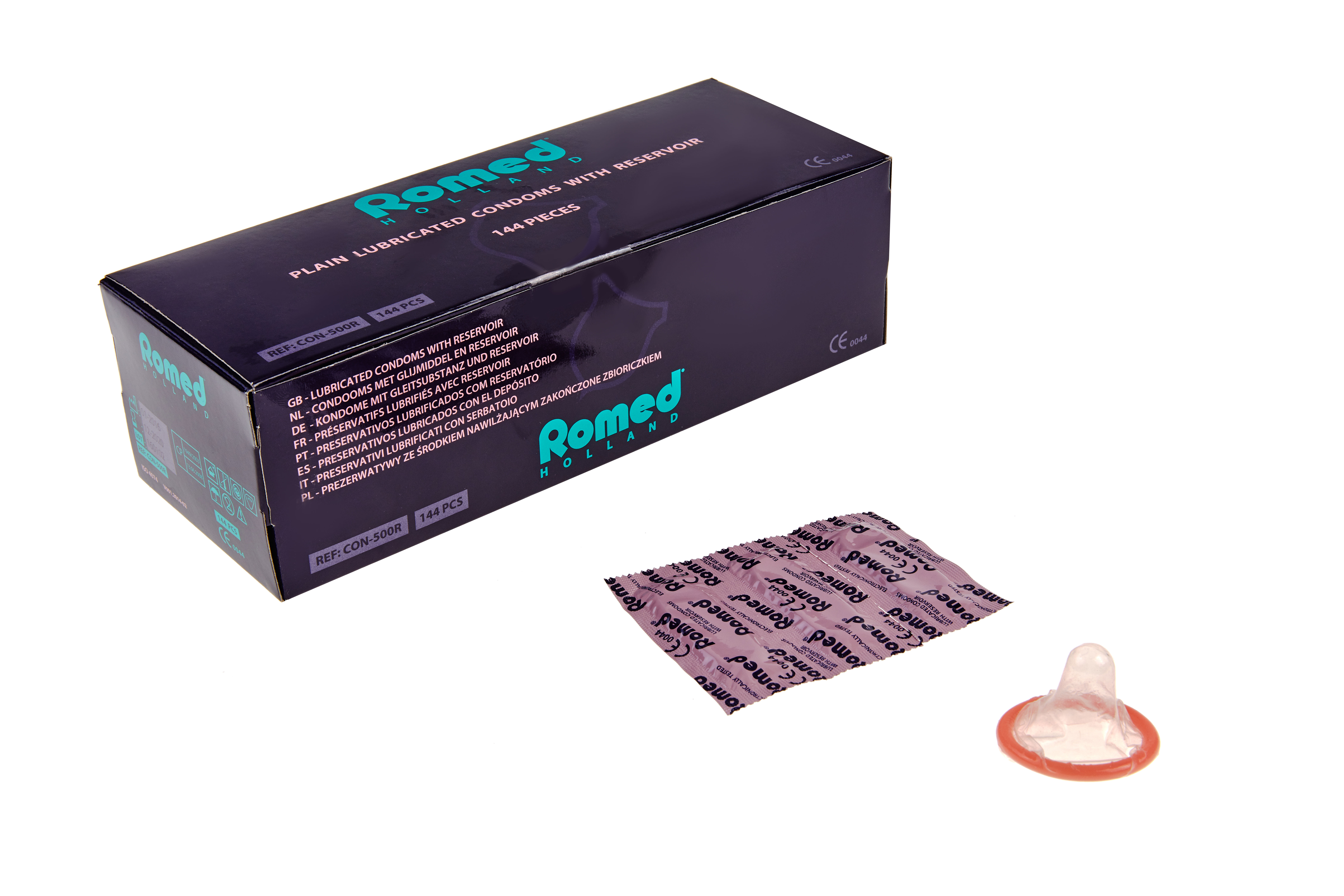 CON-500R Preservativos Romed embalados em tiras de 3 un., 48 tiras de 3 un. = 144 un. por caixa interna (= 1 por grosso), 50 x 144 un. = 7200 un. por caixa de envio.