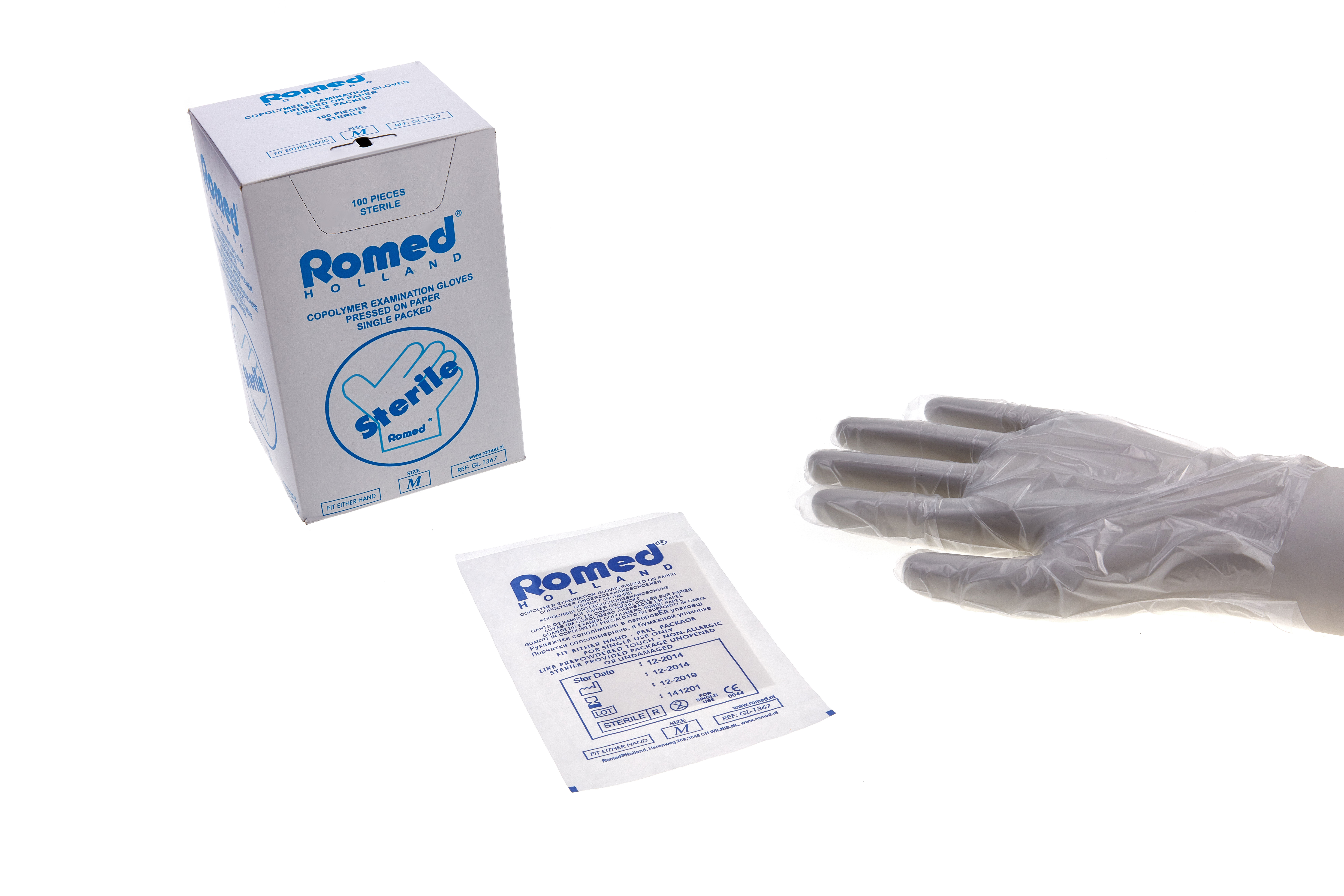 GL-1367 Romed copolymer examination gloves, medium, sterile per piece, pressed on paper, 100 pcs in an inner box, 24 x 100 pcs = 2.400 pcs in a carton.