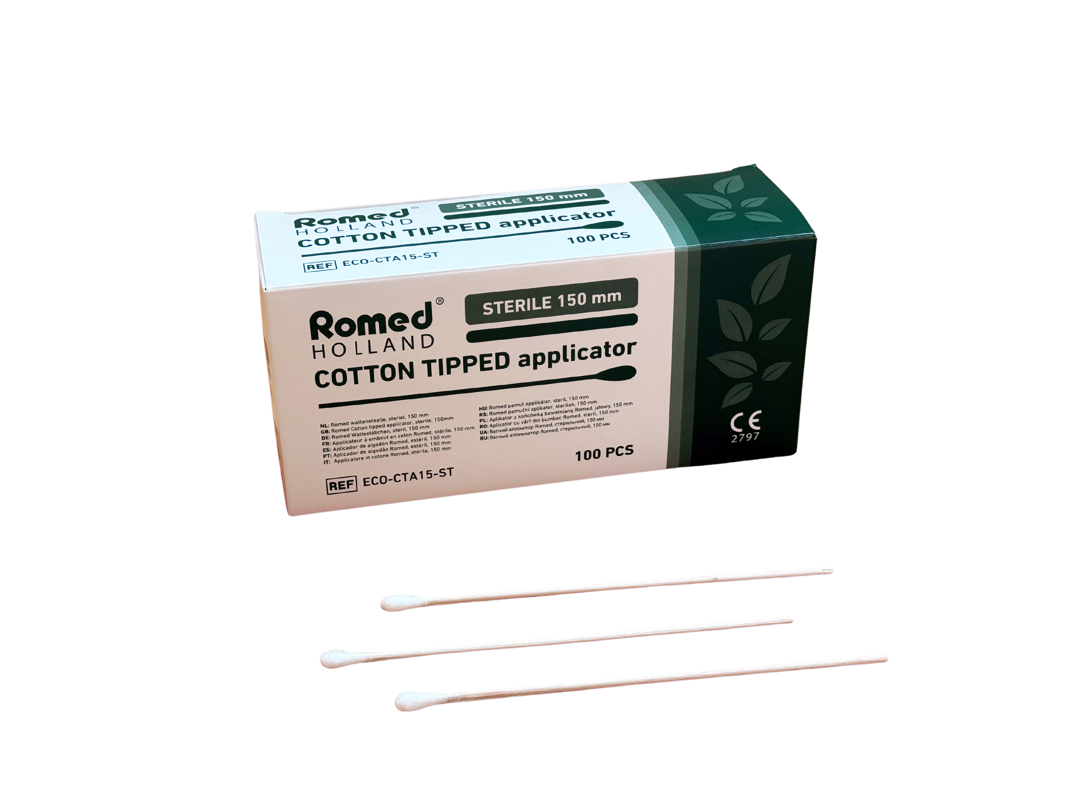 ECO-CTA15-ST Romed Cotton tipped applicator, sterile, 150mm,  per 100 pcs in an inner box,  50x100 pcs = 5000 pcs in a carton.