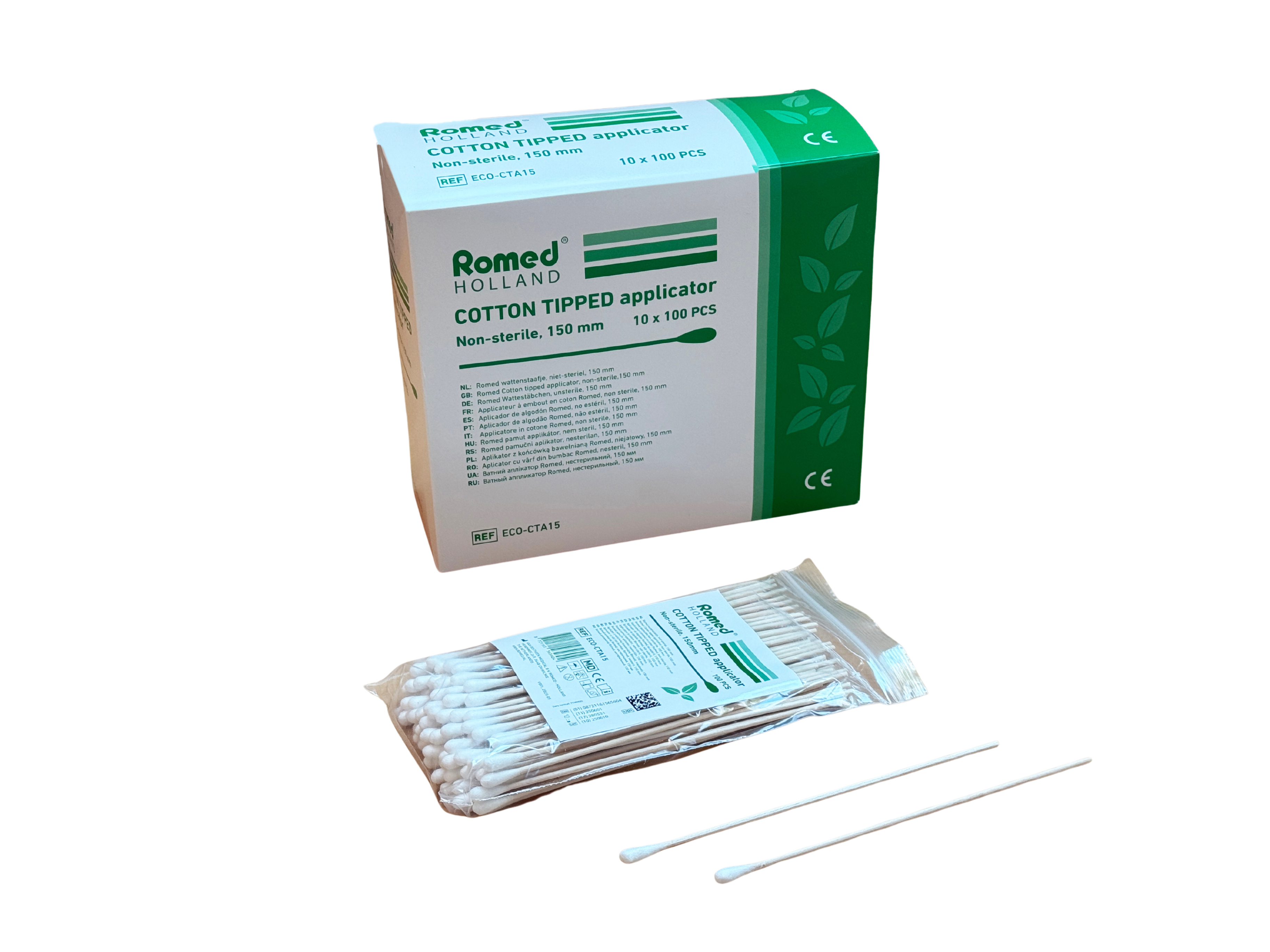 ECO-CTA15 Romed Cotton tipped applicator, non-sterile, 150mm,  per 100 pcs in a polybag, 10x100 pcs = 1000 pcs in an inner box, 10x1000 pcs = 10.000pcs in a carton