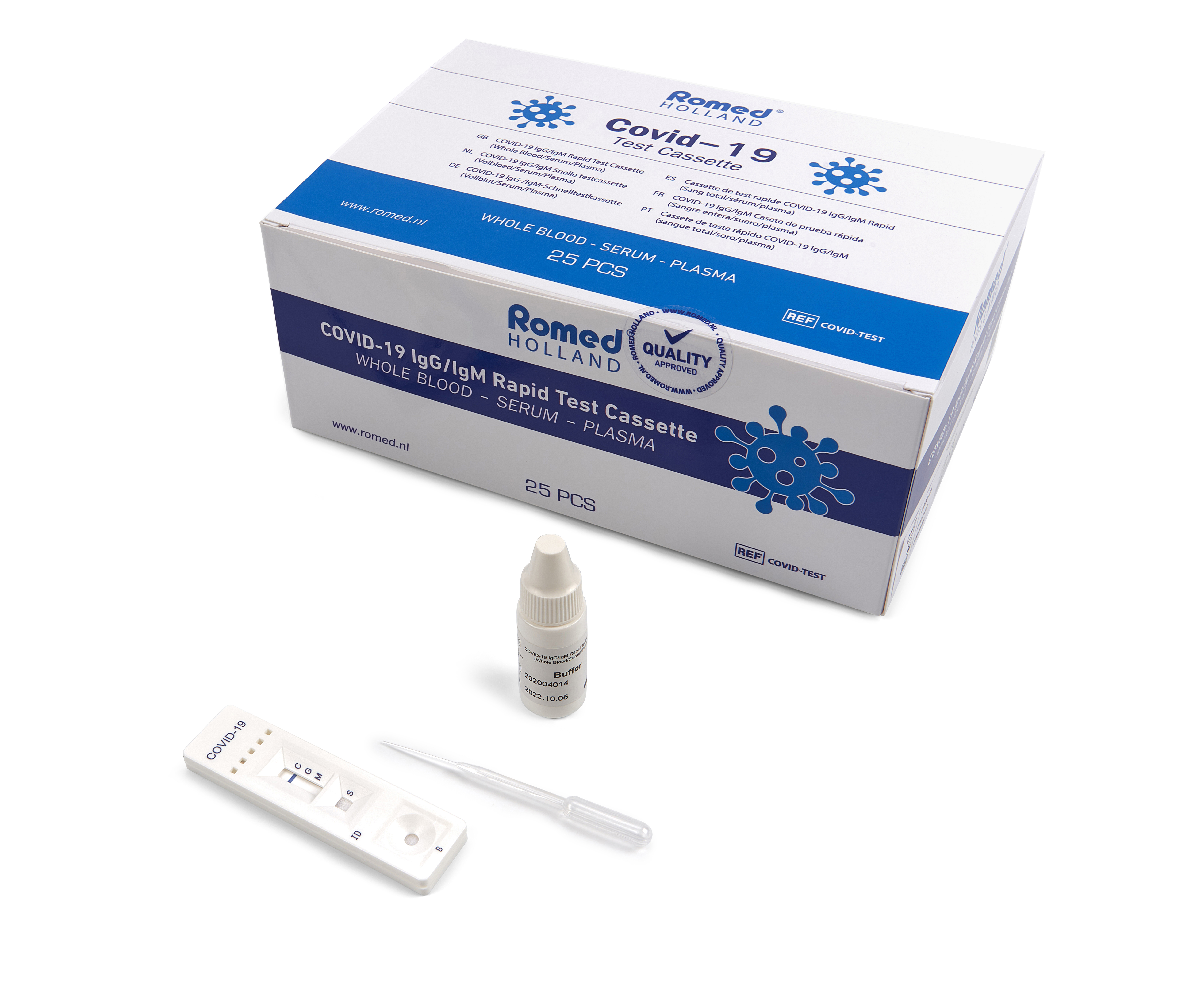 COVIDTEST Cassete de teste rápido sorológico Romed COVID-19 para a detecção de anticorpos (IgG/IgM). Este teste é um ensaio imunocromatográfico de fase sólida para a deteção rápida, qualitativa e diferencial de anticorpos lgG e lgM para o vírus SARS-CoV-2 no sangue total, soro ou plasma humanos.

Embalado a 25 un. em caixa interna, 1250 un. por caixa.