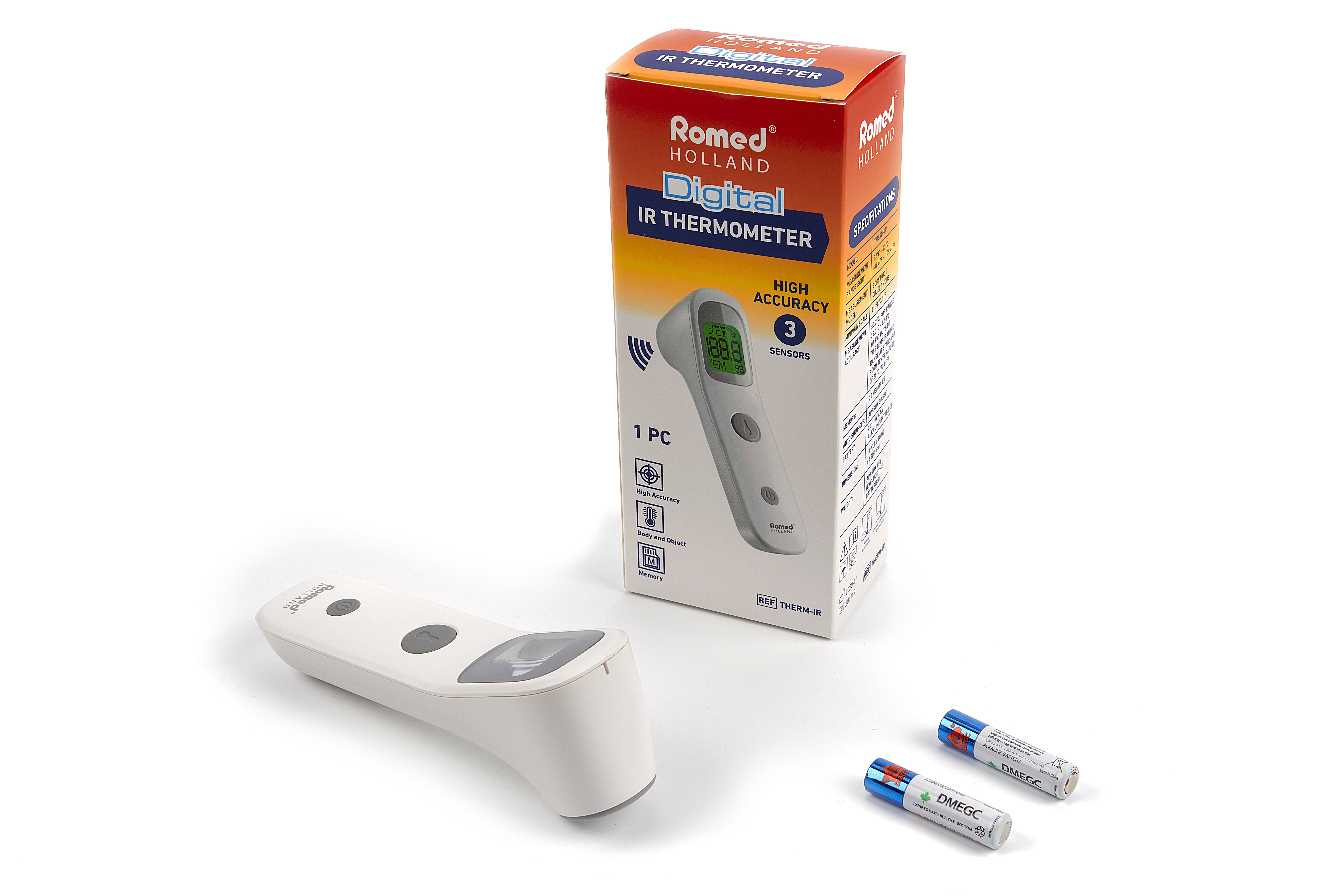 THERM-IR Romed Thermomètre infrarouge numérique, sans contact, emballées à l’unité dans une boîte intérieure, 50 pièces par carton.