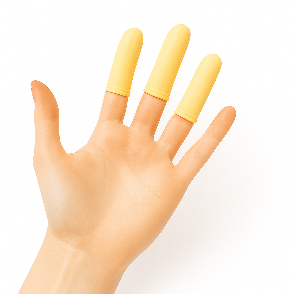 FC-YELLOW-M Romed latex finger cots, medium, powder free, yellow, per 144 pcs in a polybag. 200 × 144 pcs = 28,800 pcs in a carton.