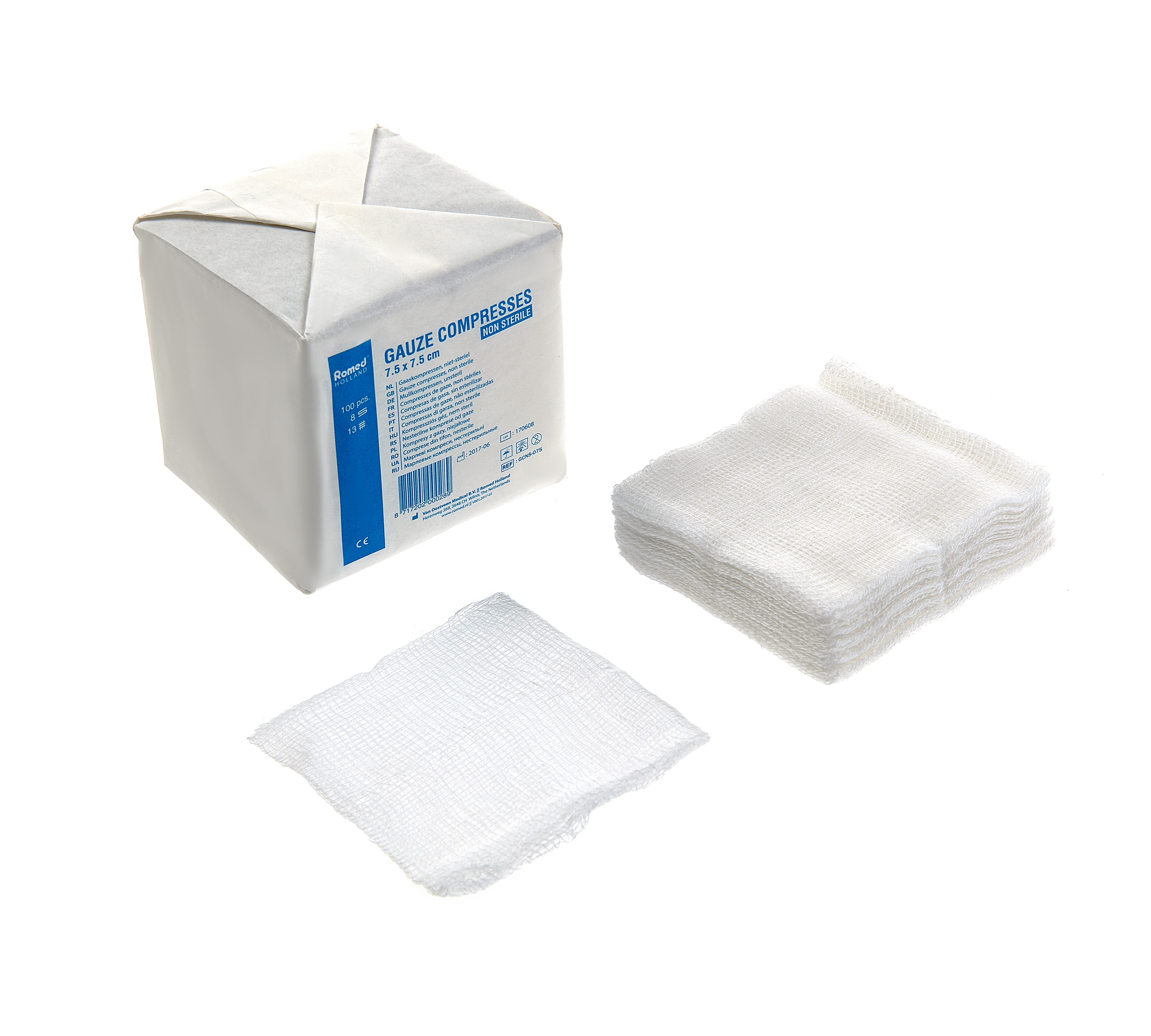 GCNS-050 Romed gauze compresses, non sterile, 13 threads, 8 ply, 5 x 5cm, per 100 pcs in a paper pack, 200 paper packs in a carton.