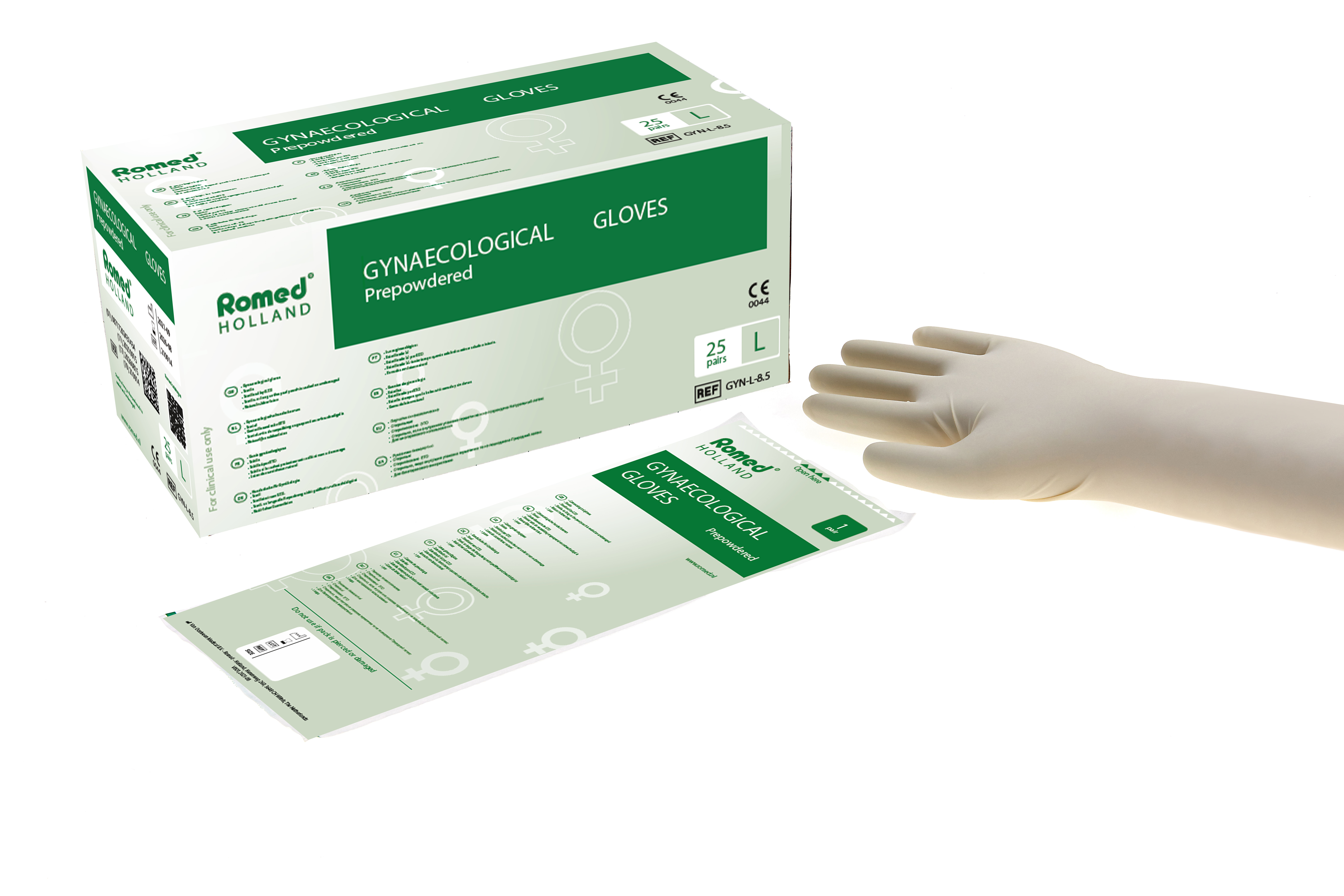 GYN-L-8.5 Romed gynaecological gloves, length 50cm, prepowdered, size large, sterile per pair, 25 pairs in an inner box, 4 x 25 pairs = 100 pairs in a carton.