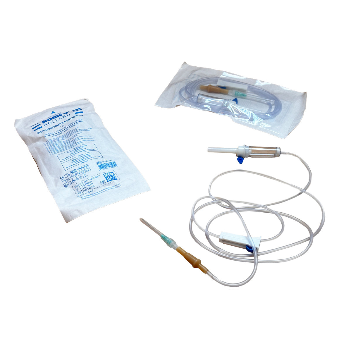 IVFD400 Kits de perfusion Romed jetables, avec aiguille à prise d'air et filtre, stériles, conditionnés individuellement dans un sac plastique, 400 unités par carton.