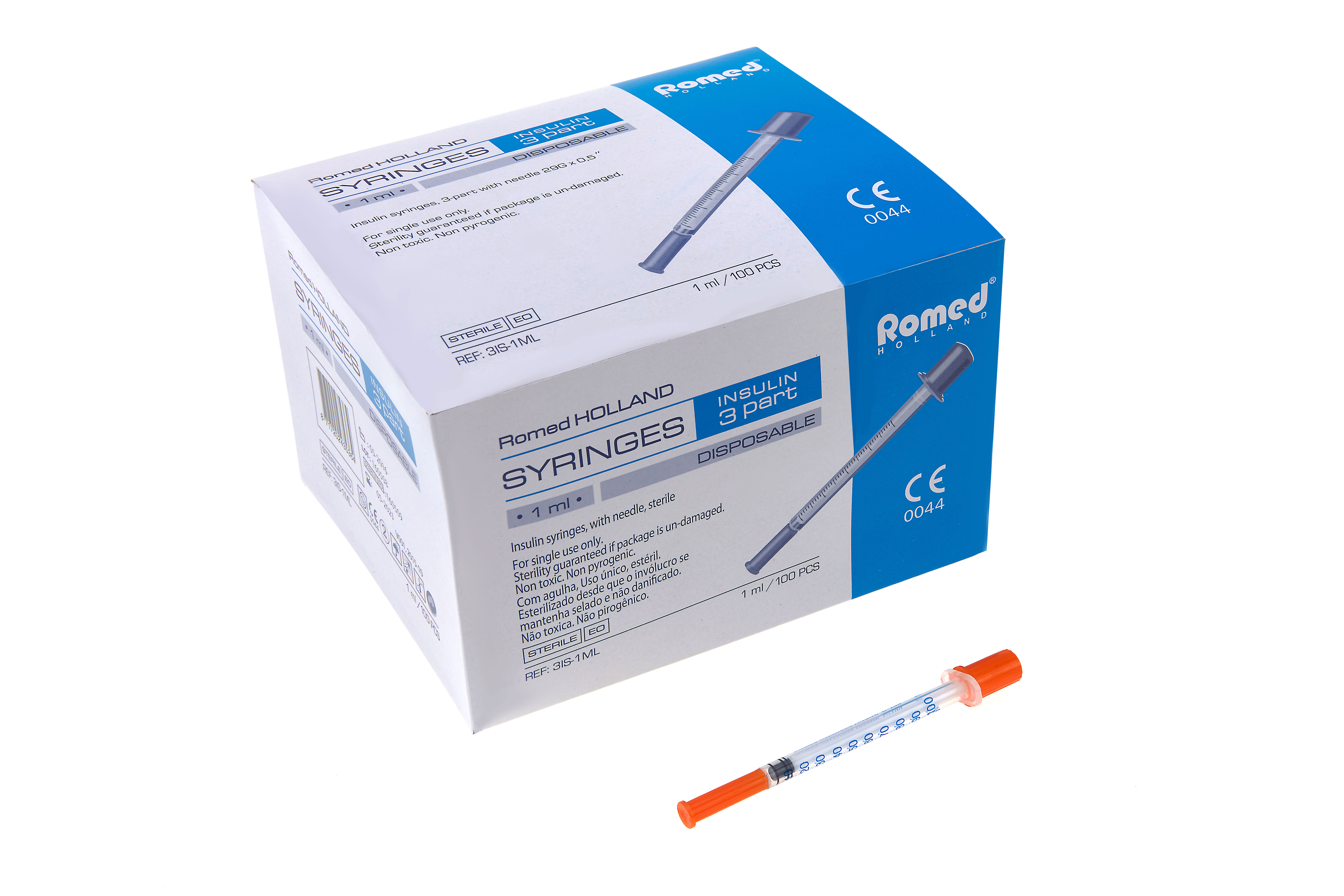 3IS-1ML Seringues à insuline 1ml Romed, avec aiguille intégrée, stériles, conditionnées individuellement, 100 unités par boîte intérieure, 32 x 100 unités = 3 200 unités par carton.