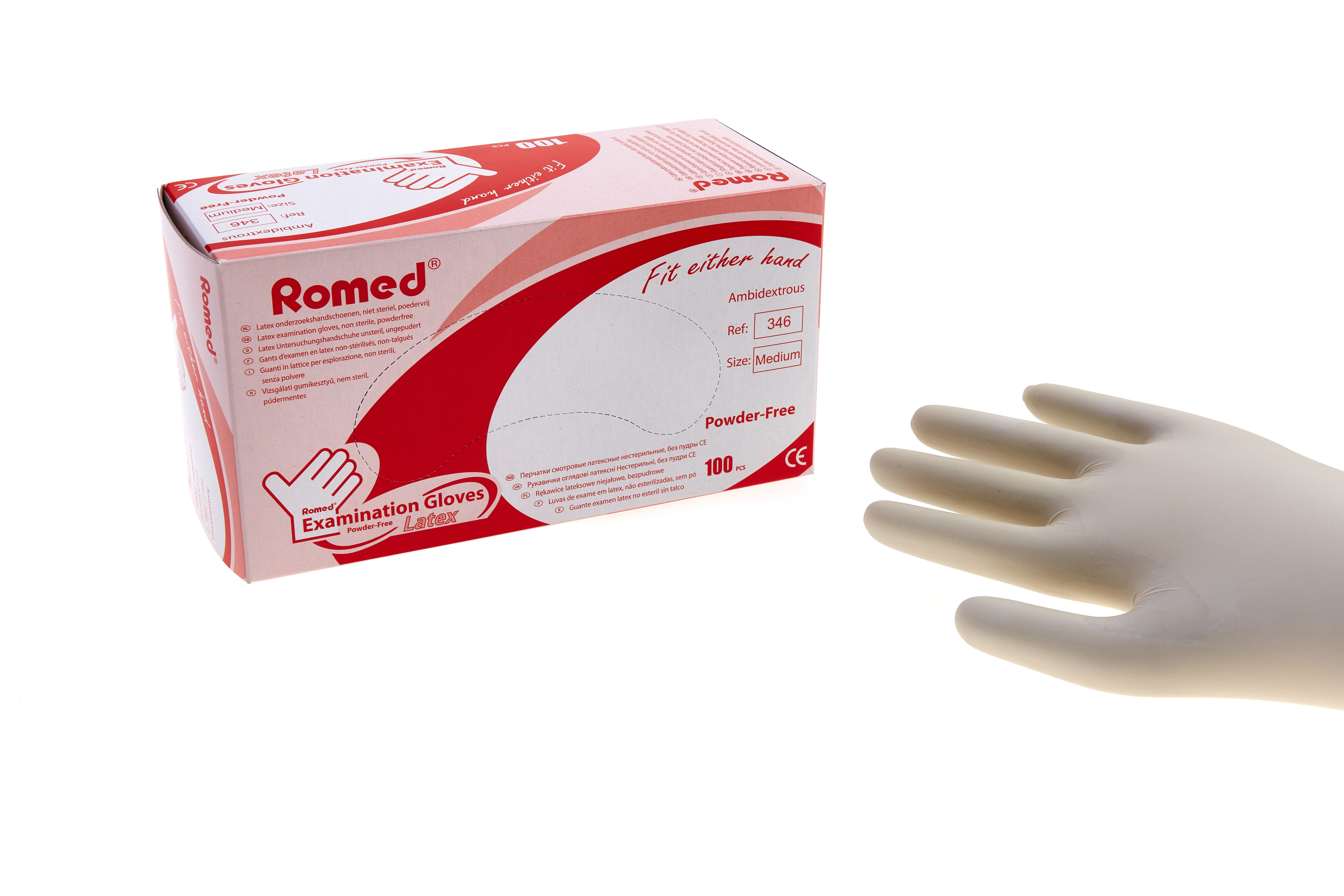 336 Romed latex examination gloves, non sterile, powderfree, extra small, per 100 pcs in a dispenser box, 10 x 100 pcs = 1.000 pcs in a carton.