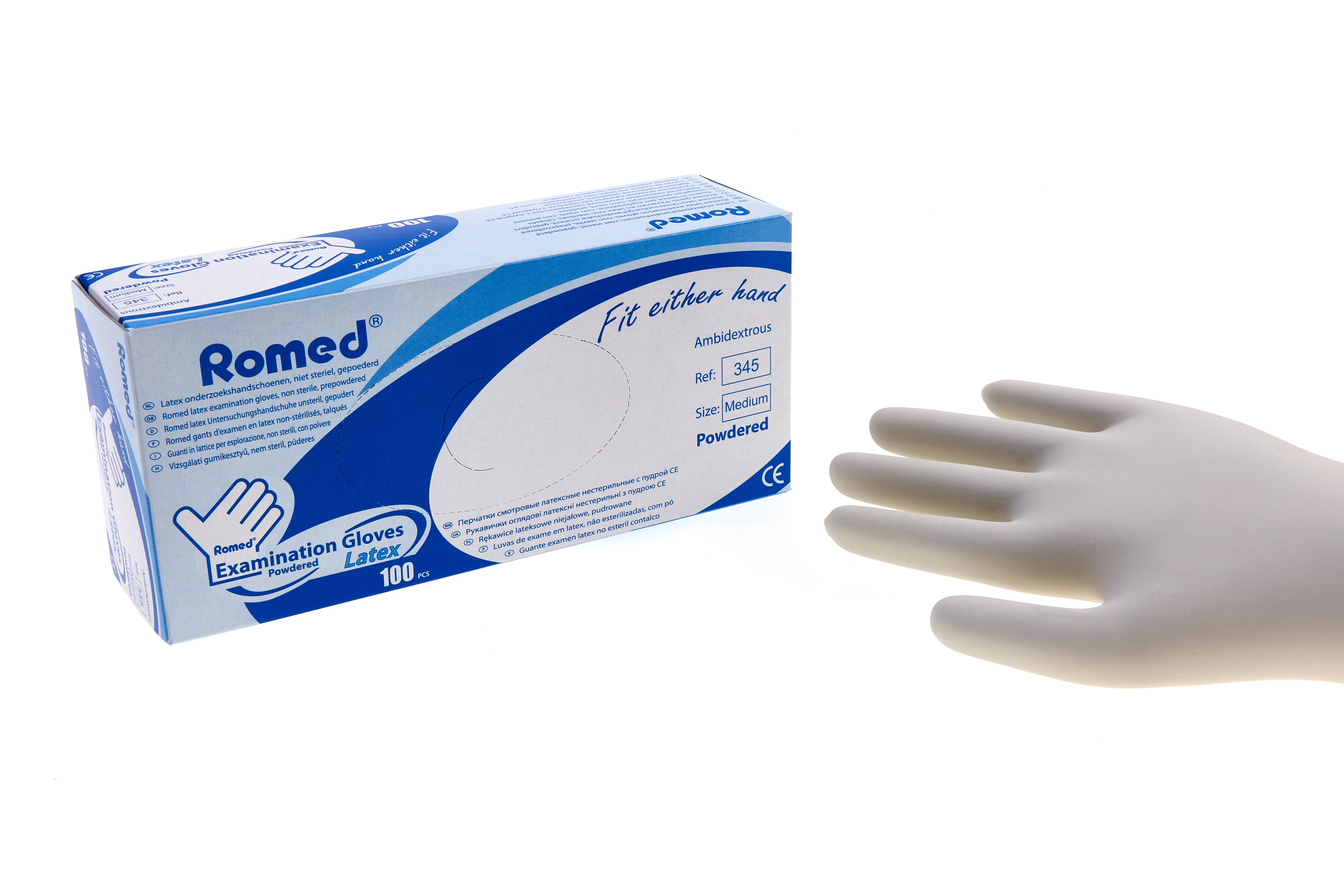 340 Romed latex examination gloves, non sterile, prepowdered, small, per 100 pcs in a dispenser box, 10 x 100 pcs = 1.000 pcs in a carton.