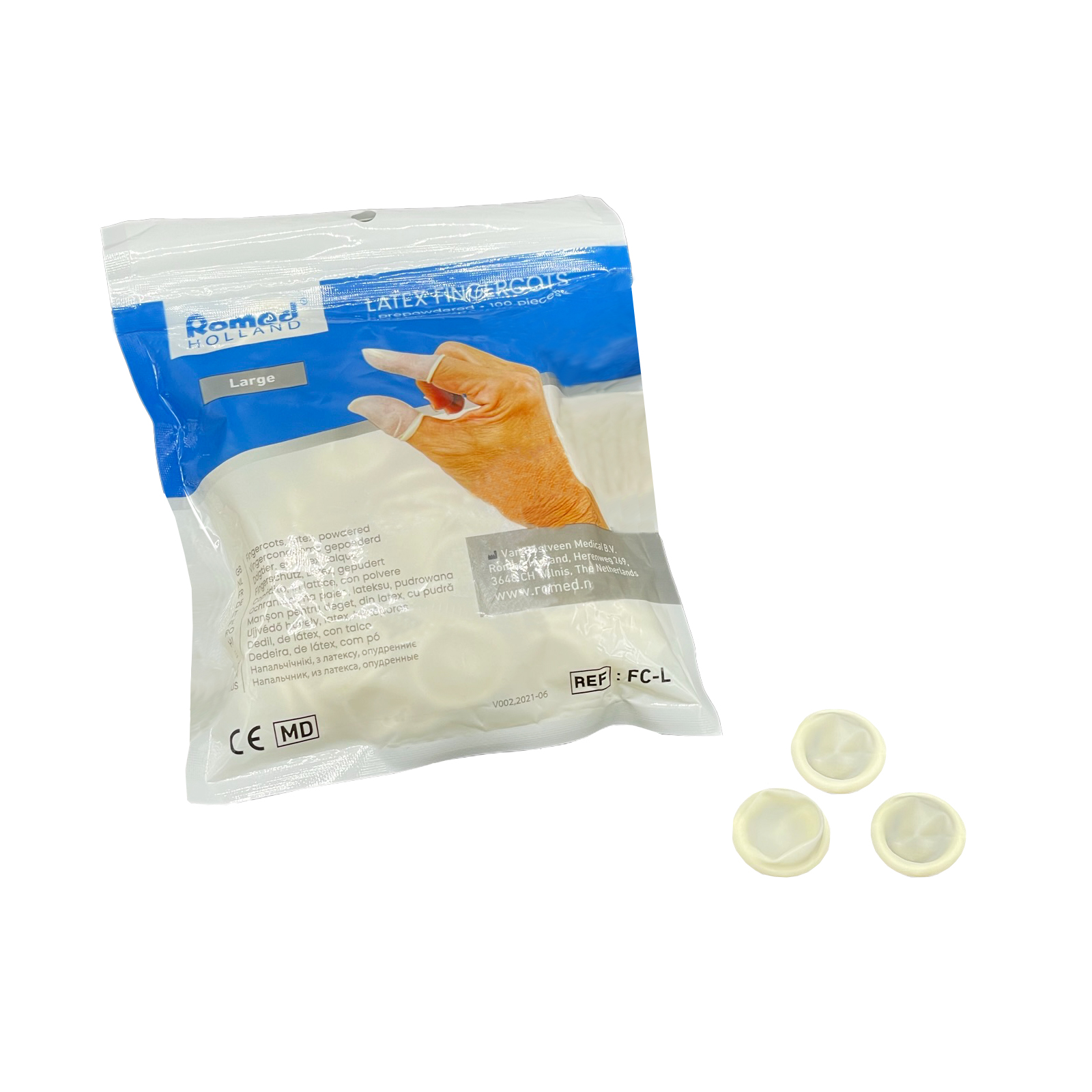 FC-XL Romed finger cots, latex, prepowdered, x-large, 100 pcs in a polybag, 250 x 100 pcs = 25.000 pcs in a carton