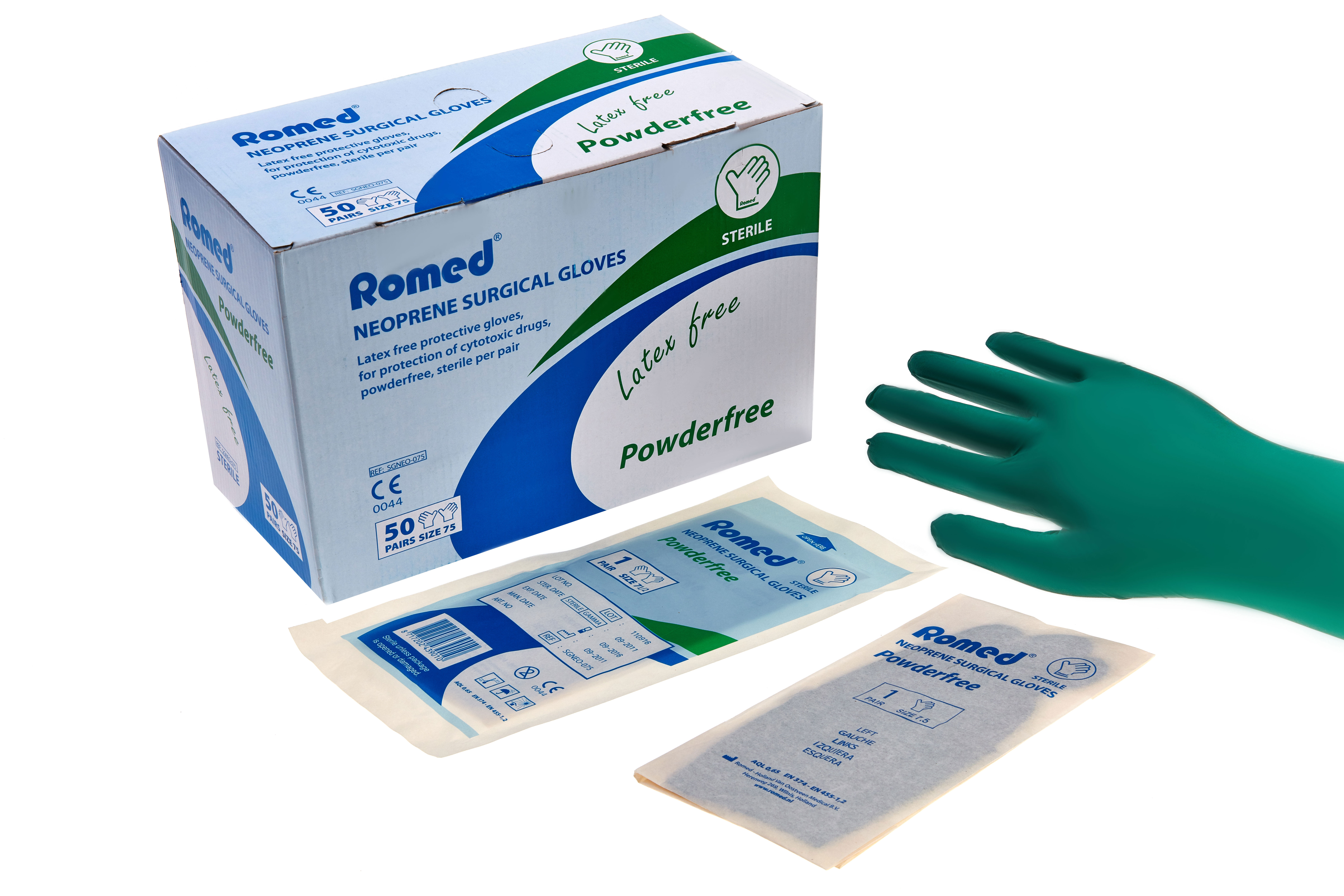 SGNEO-065 Romed latex free surgical gloves, for protection of cytotoxic drugs, powderfree, size 6.5, sterile per pair, 50 pairs in an inner box, 6 x 50 pairs = 300 pairs in a carton. On request