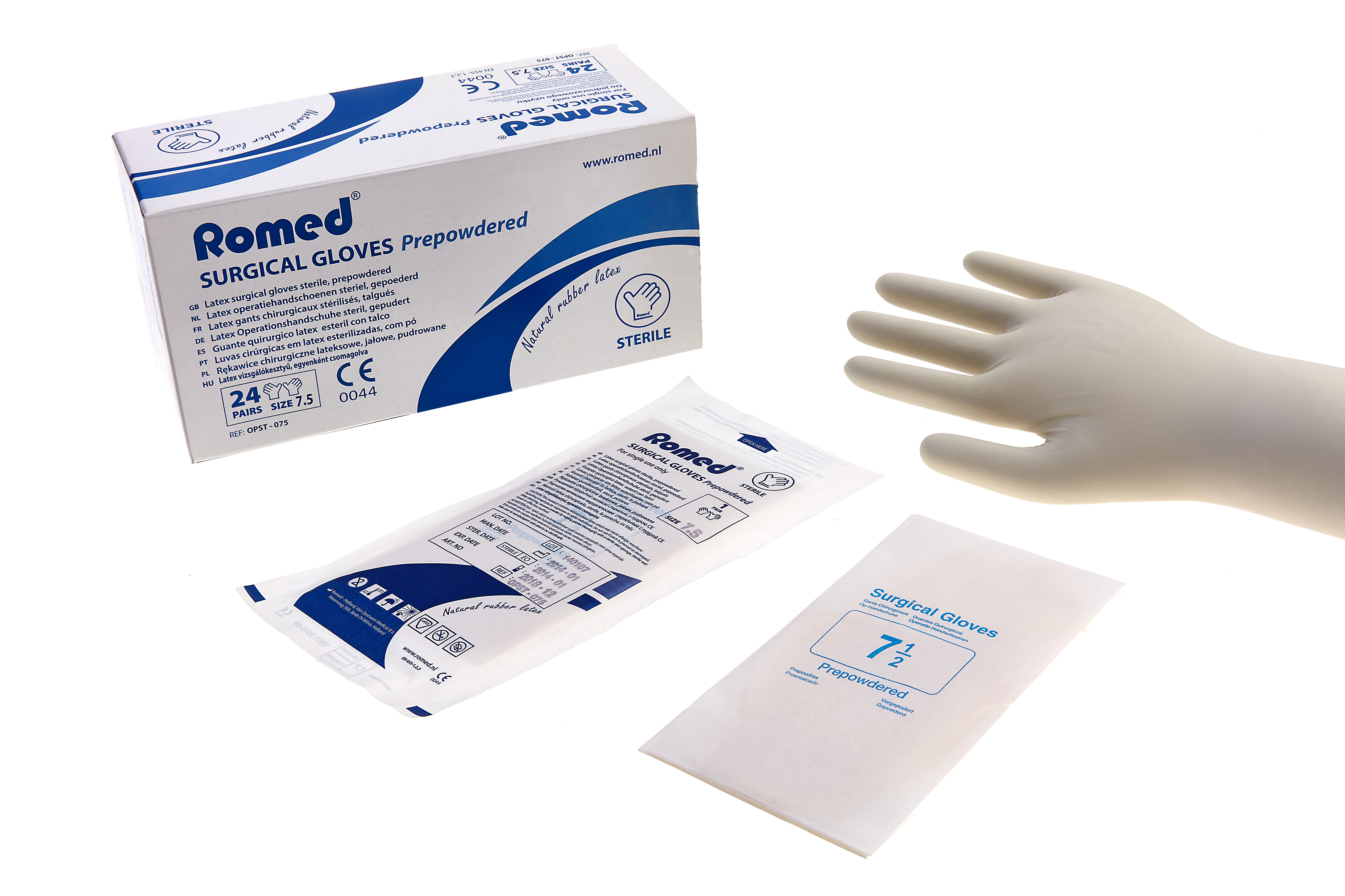 OPST070 Romed latex surgical gloves, prepowdered, size 7, sterile per pair, 50 pairs in an inner box, 8 x 50 pairs = 400 pairs in a carton.