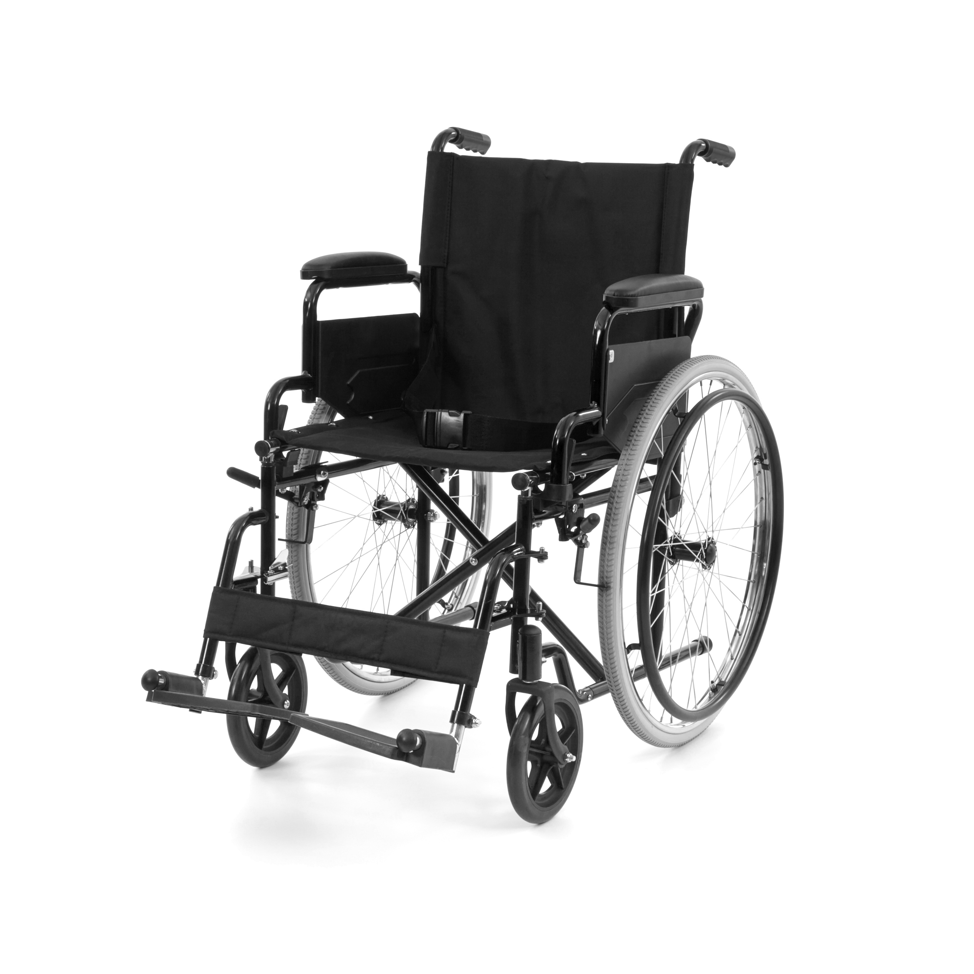 WHE-01-BLACK Cadeira de rodas manual Romed dobrável, preta, com apoio de braços elevável e apoios de pés giratórios, à un. por caixa de envio.