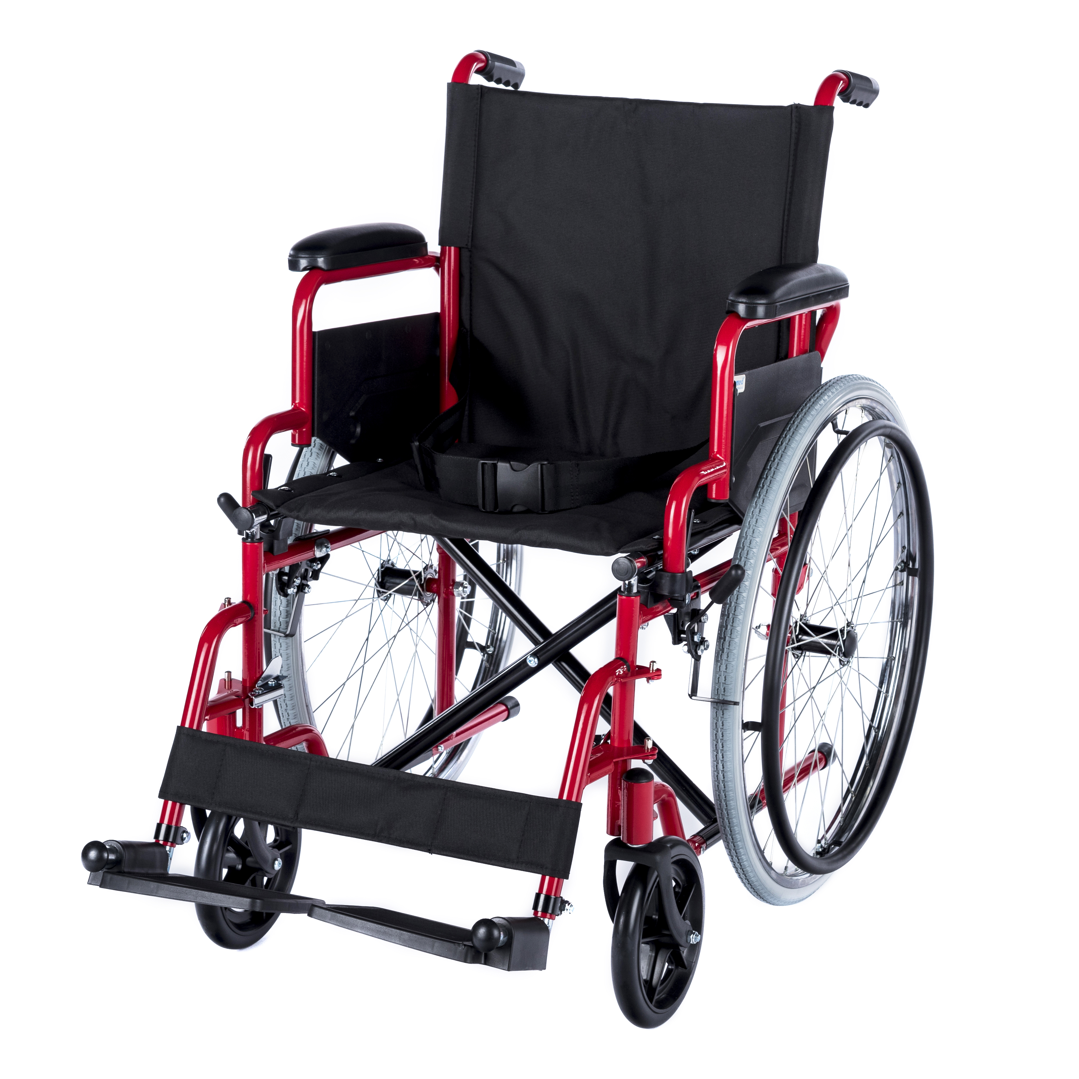 WHE-01-RED Romed inklapbare standaard rolstoel met flip-up armsteunen en uitklapbare voetsteunen.