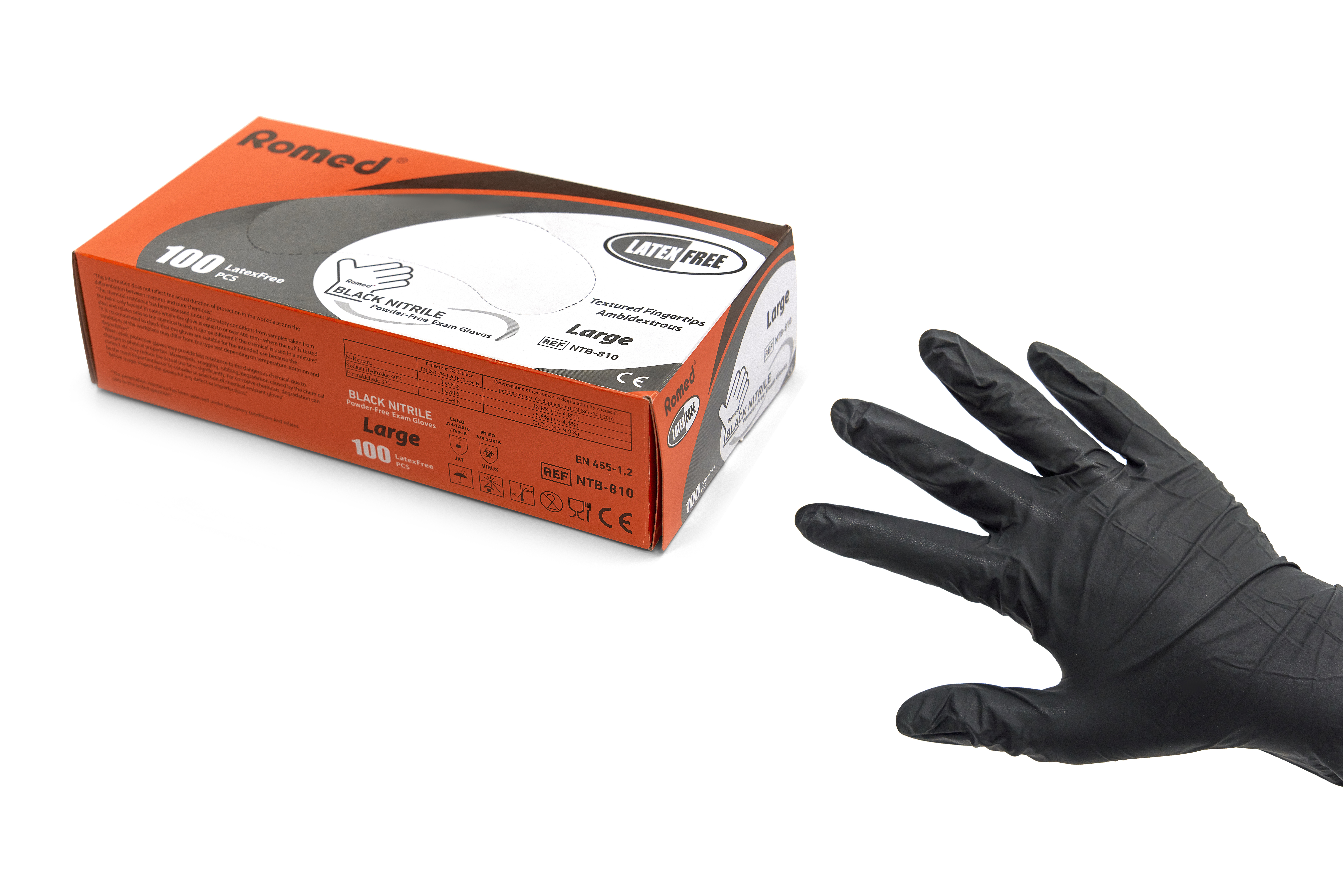 NTB-805 Guantes de nitrilo para exámenes Romed, no estériles, sin polvo, negros, medianos, por 100 unidades en una caja dispensadora, 10 x 100 unidades = 1000 unidades en una caja de cartón.