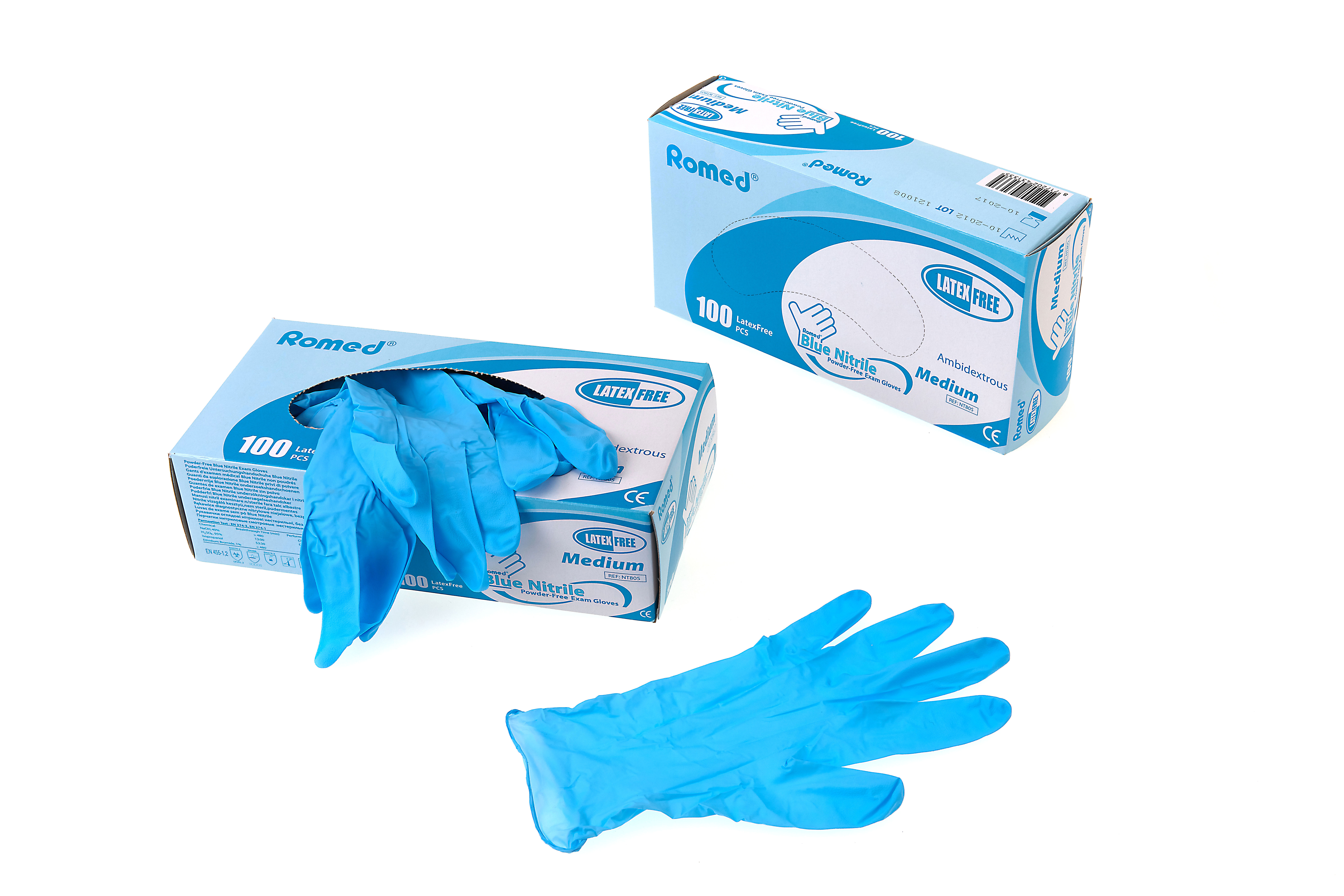 NT800 Romed nitrile examination gloves+, non sterile, powderfree, blue, small, per 100 pcs in a dispenser box, 10 x 100 pcs = 1.000 pcs in a carton.