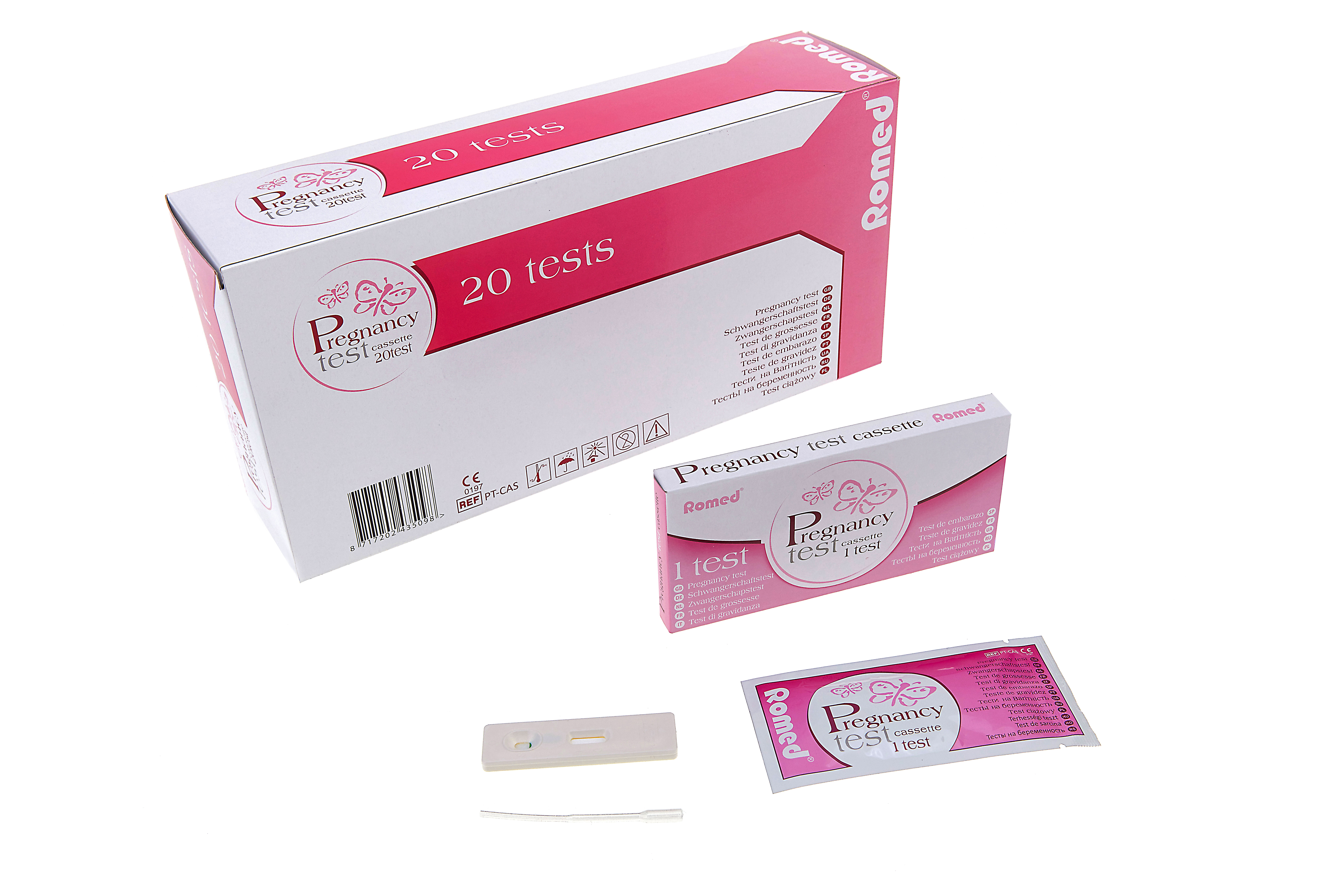 PT-CAS Romed pregnancy tests, cassette type, packed per piece in a box, per 20 pcs in a middle box, 25 x 20 pcs = 500 in a carton.