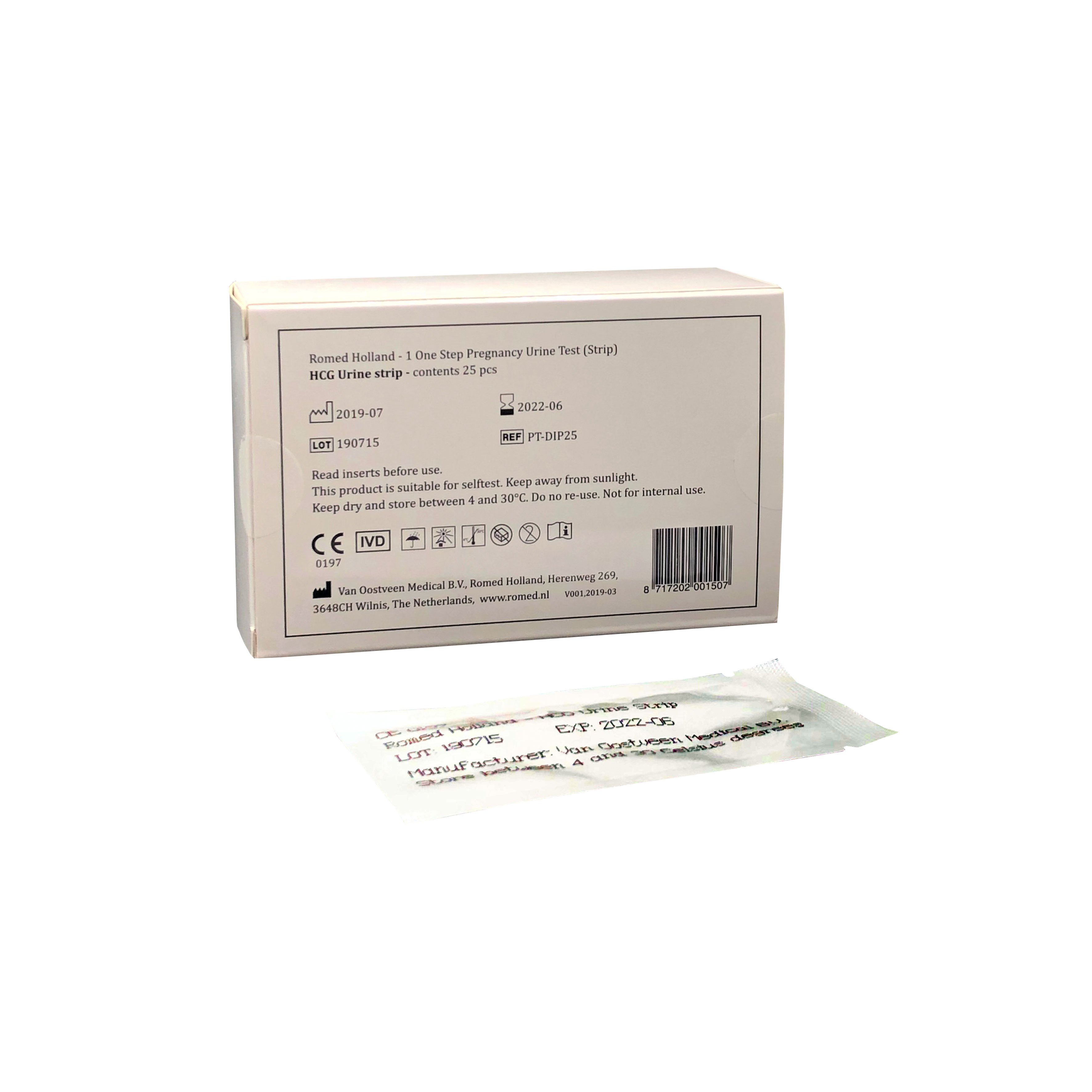PT-DIP25 Testes de gravidez Romed, teste de imersão, à un. em folha, 25 un. em caixa interna, 1000 un. por caixa de envio.