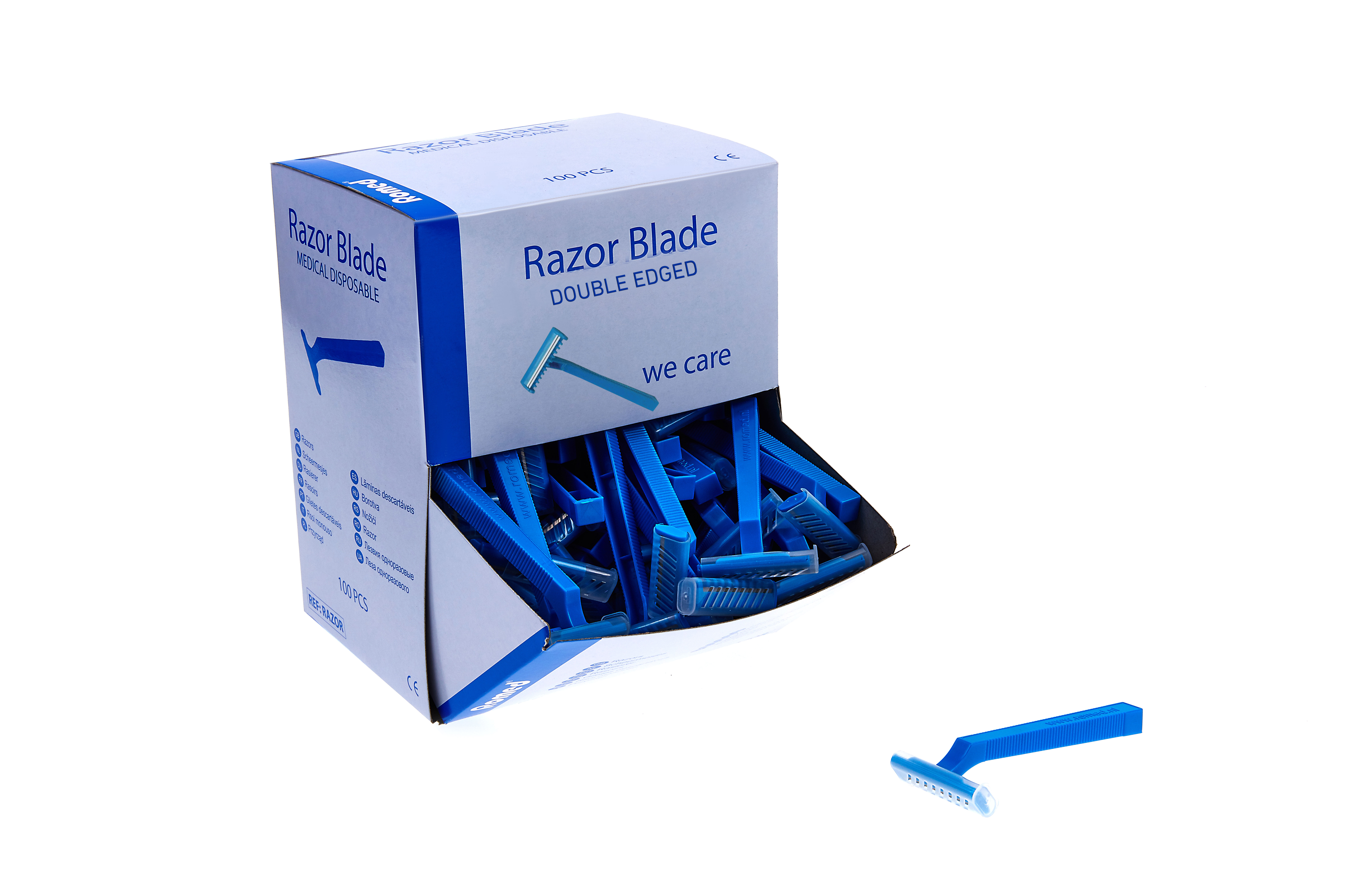 RAZORS-D Romed disposable scheermesjes, roestvast, enkel snijvlak of dubbel snijvlak, niet-steriel, 100 stuks in dispenser doosje, 12x 100 stuks = 1200 stuks in een karton.