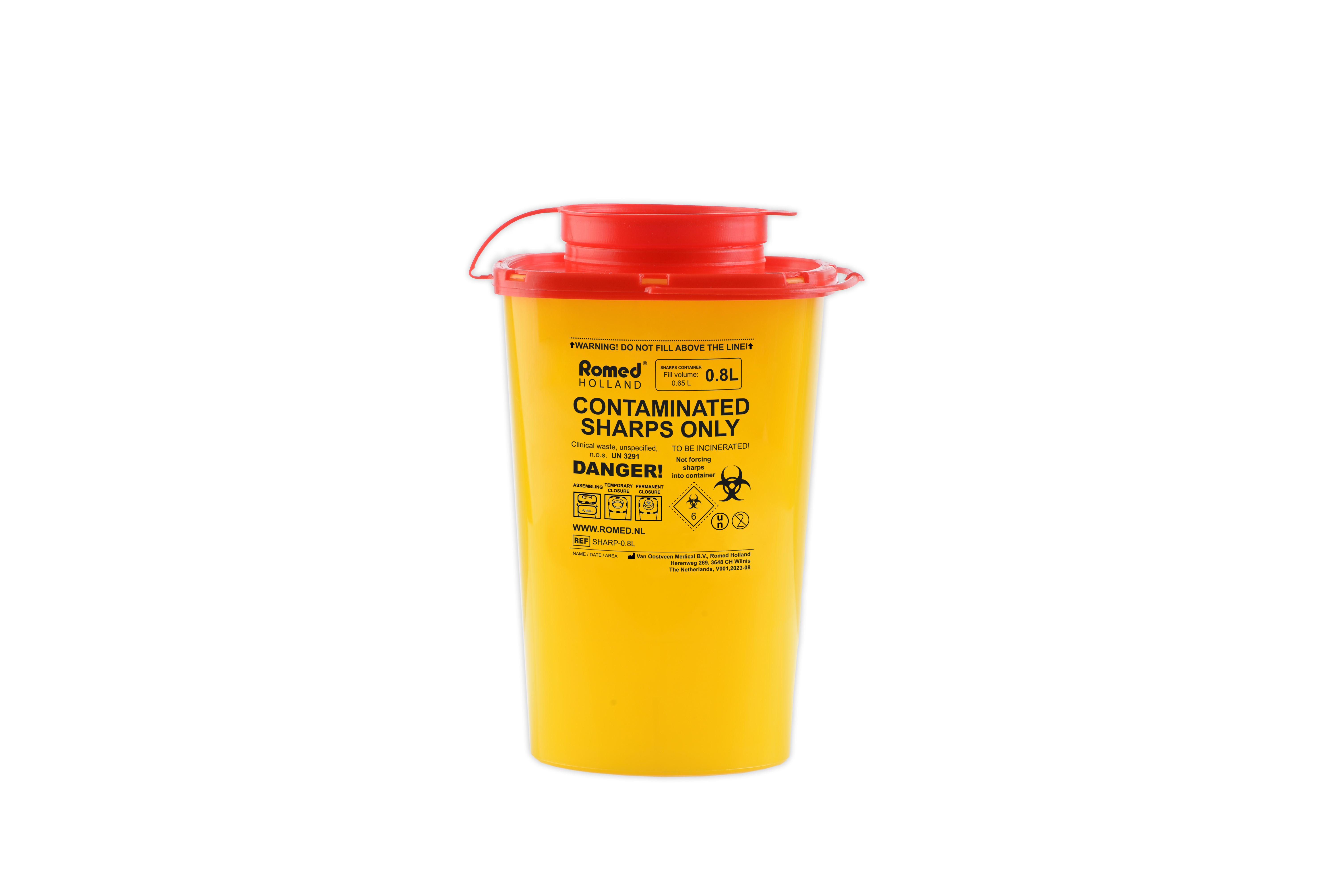 SHARP-0.8L Romed Naaldencontainer, voor klinisch afval, 0,8 liter, 140 stuks in doos.