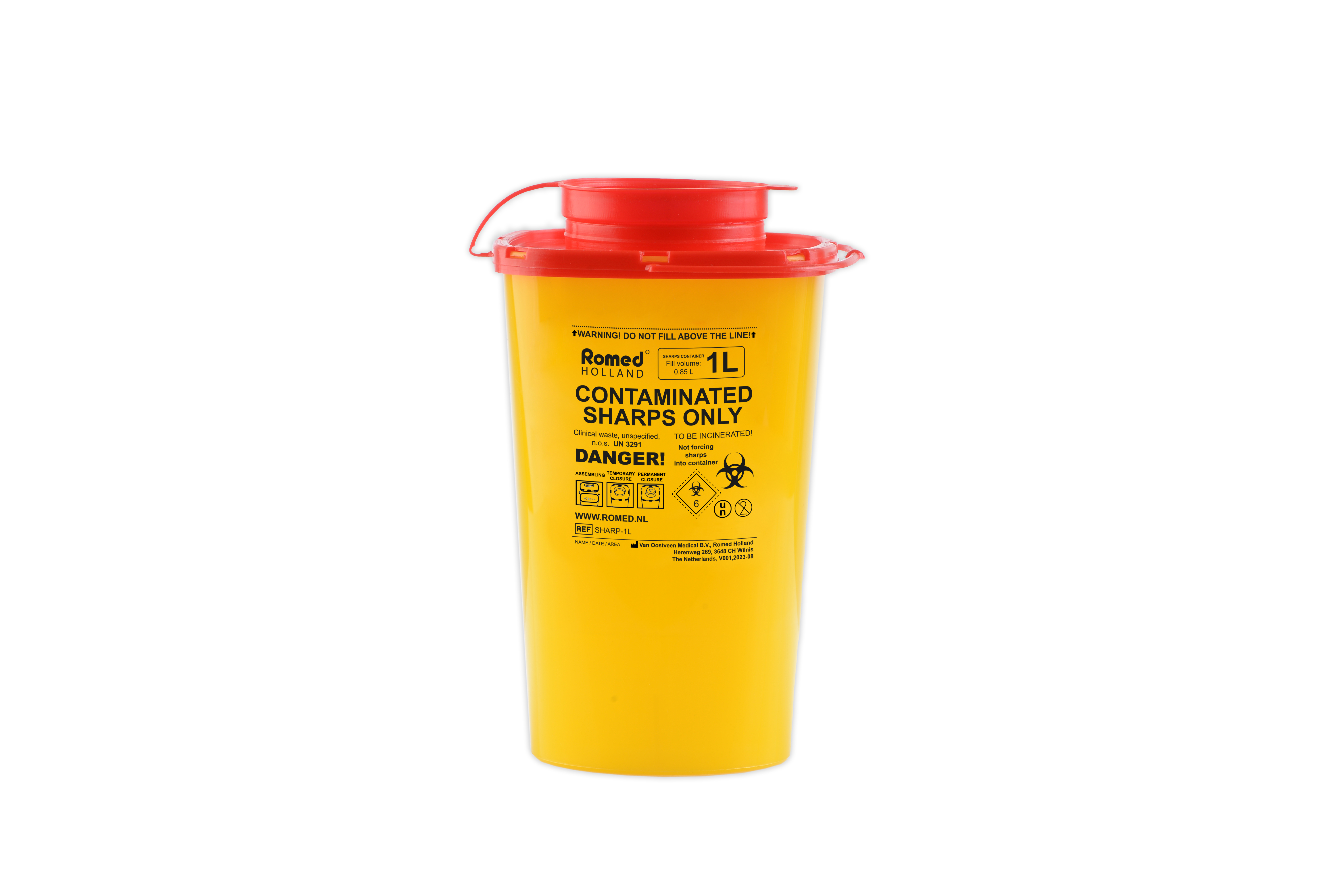 SHARP-1L Romed Naaldencontainer, voor klinisch afval, 1 liter, 120 stuks in doos.