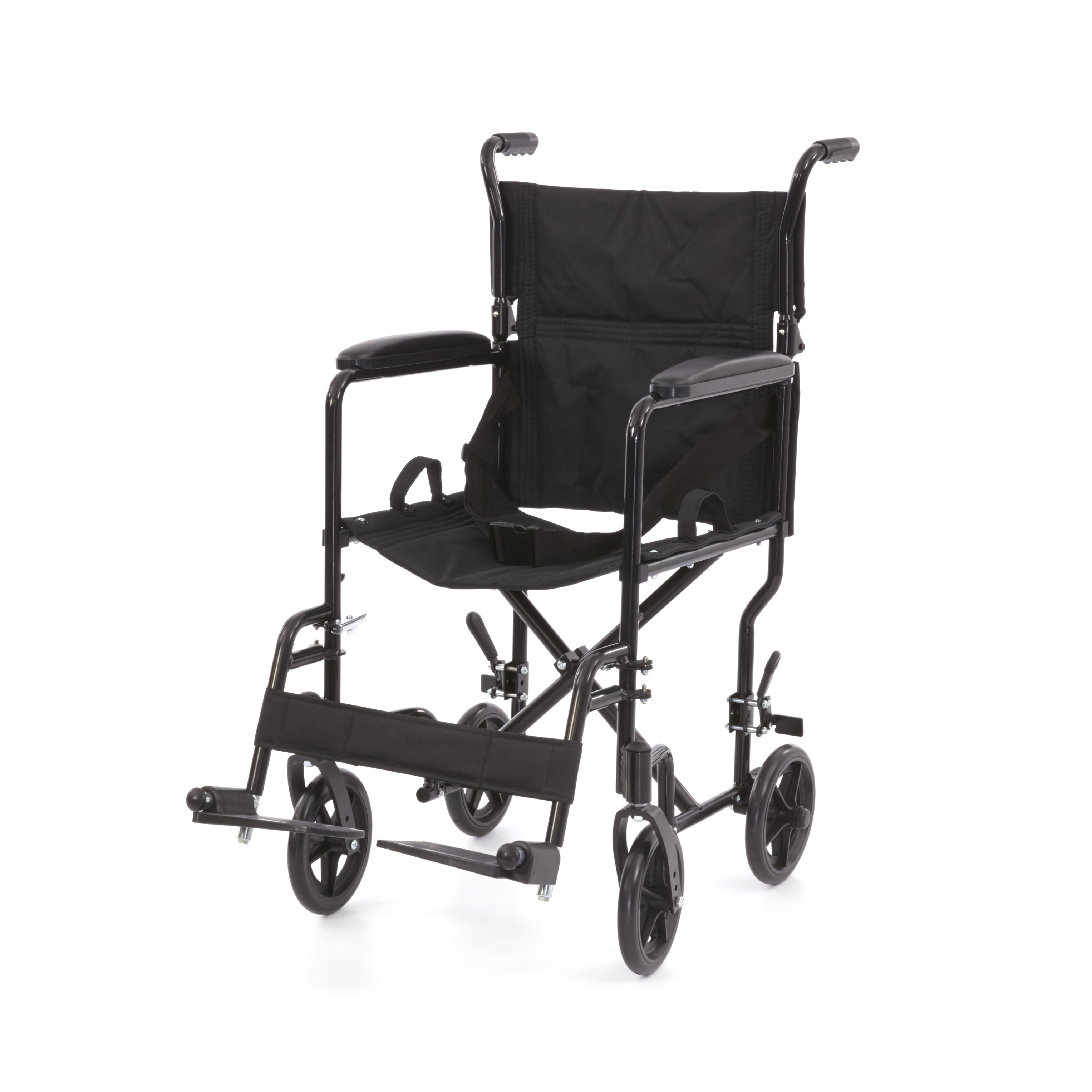 WHE-02-BLACK Fauteuil roulant de transport pliable en aluminium Romed, avec dossier pliable, accoudoir fi xe et appuis-pieds pivotants.