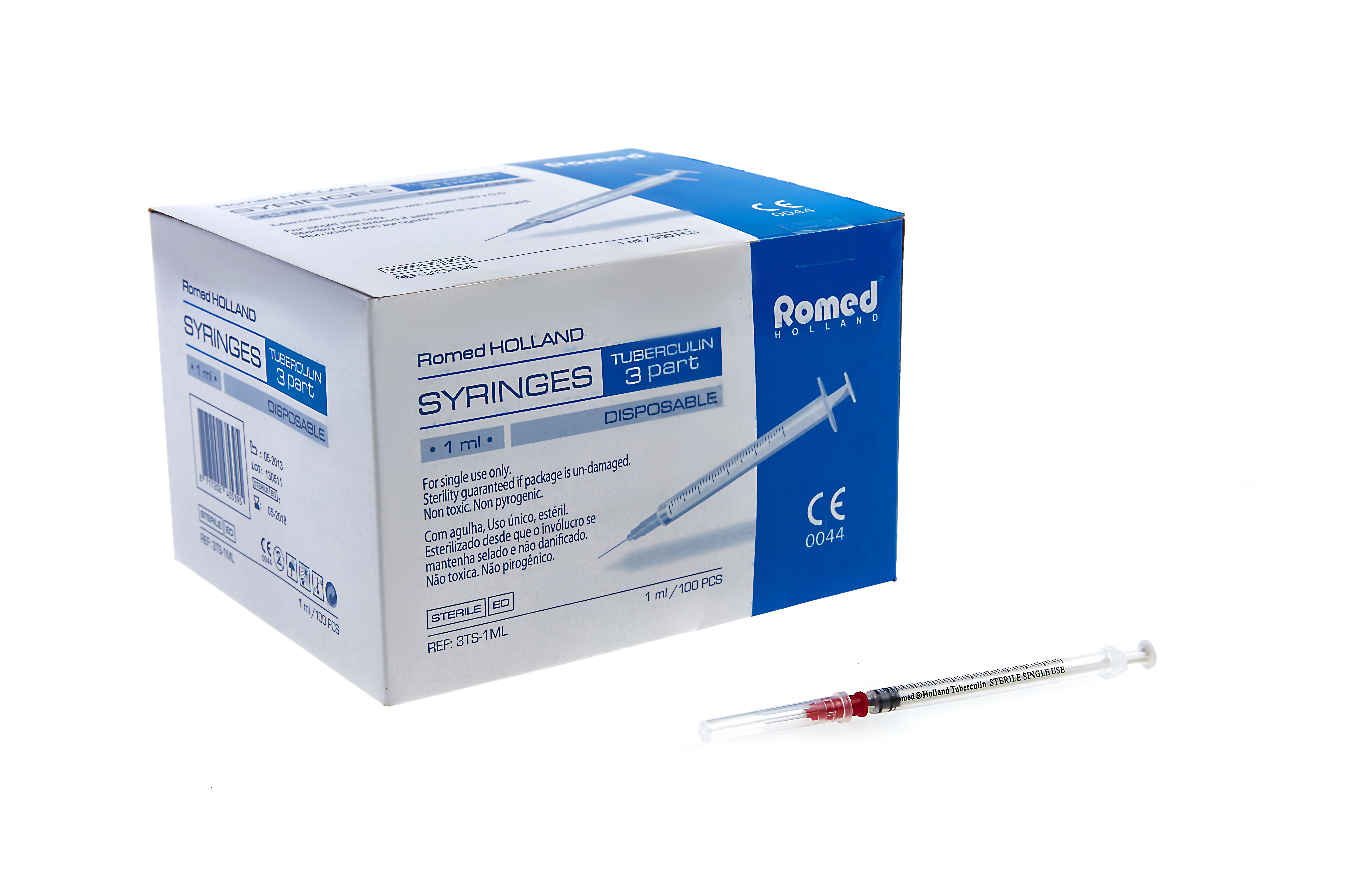 3TS-1ML Romed tuberculin syringes with mounted needle, sterile per piece, 100 pieces in an inner box, 32 x 100 pcs = 3.200 pcs in a carton.