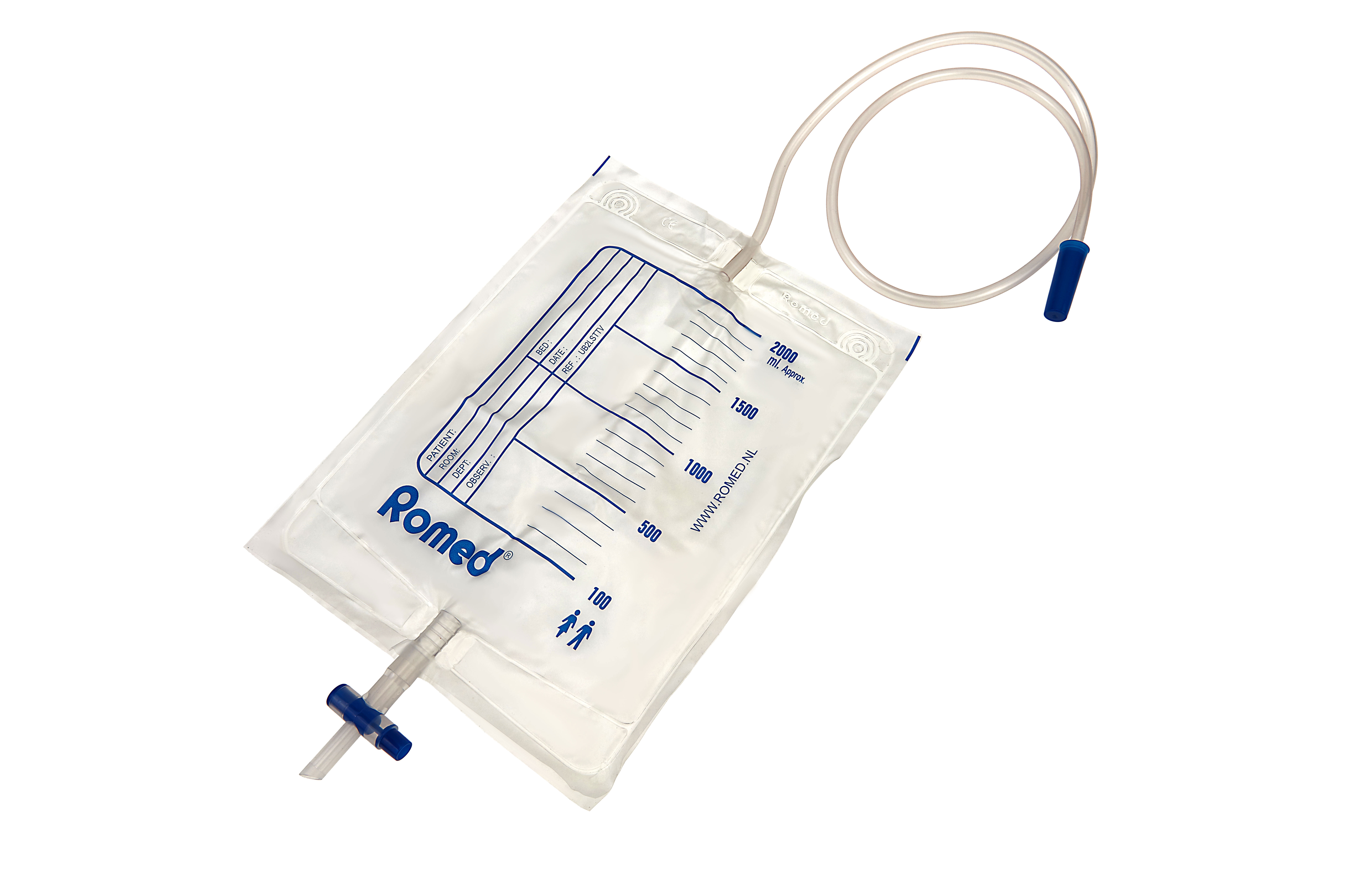 UB2LSTTV Sacos de urina Romed 2 litros, com válvula de retenção e válvula T, tubo de 90 cm, estéreis, à un. em saco de polietileno, 10 un. em saco de polietileno maior, 250 un. por caixa de envio.