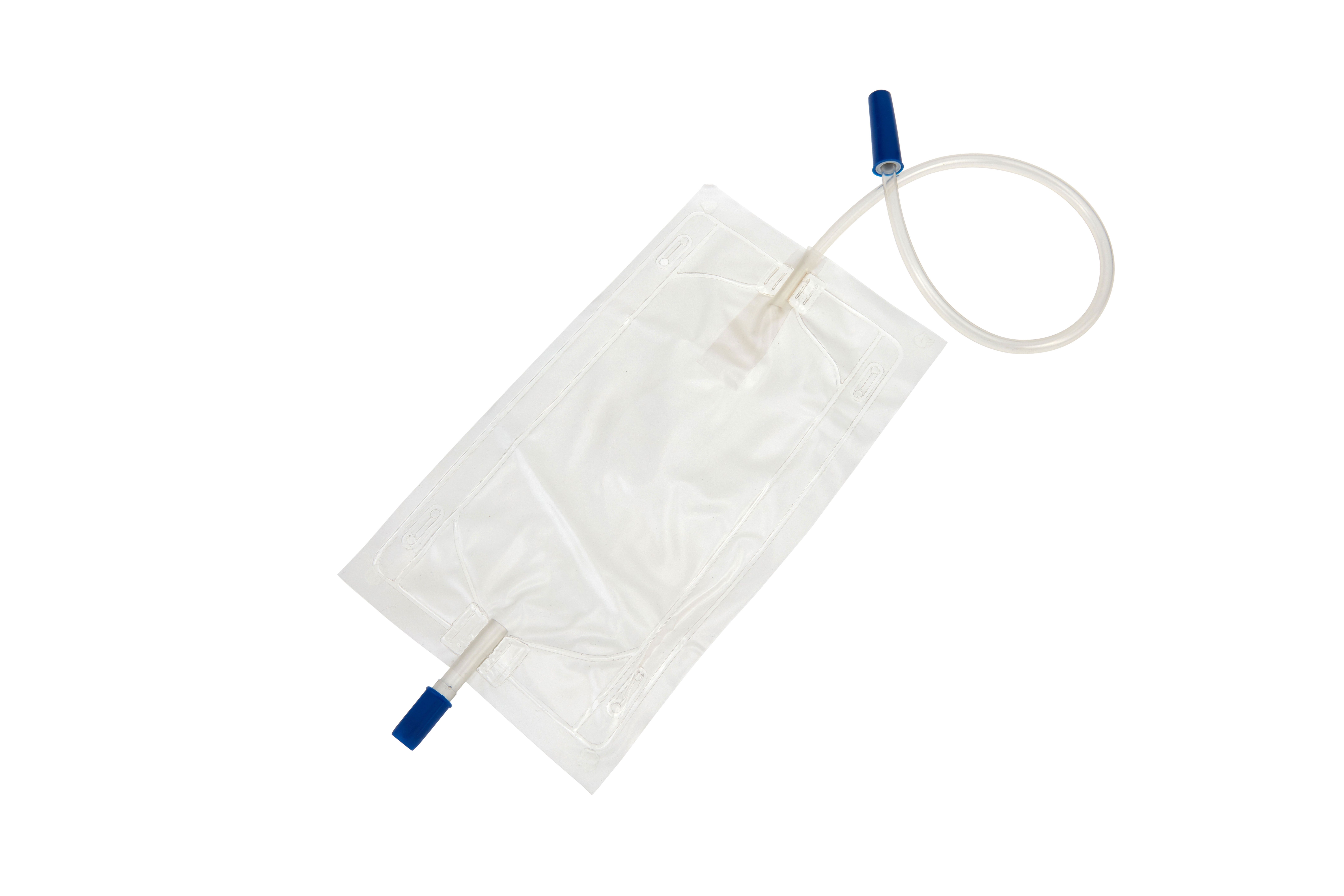 LB500MLNRV Sacos de urina de perna Romed, 500 ml, com válvula de retenção e saída inferior, tubo de 45 cm, estéreis, à un. em saco de polietileno, a 250 un. por caixa de envio.