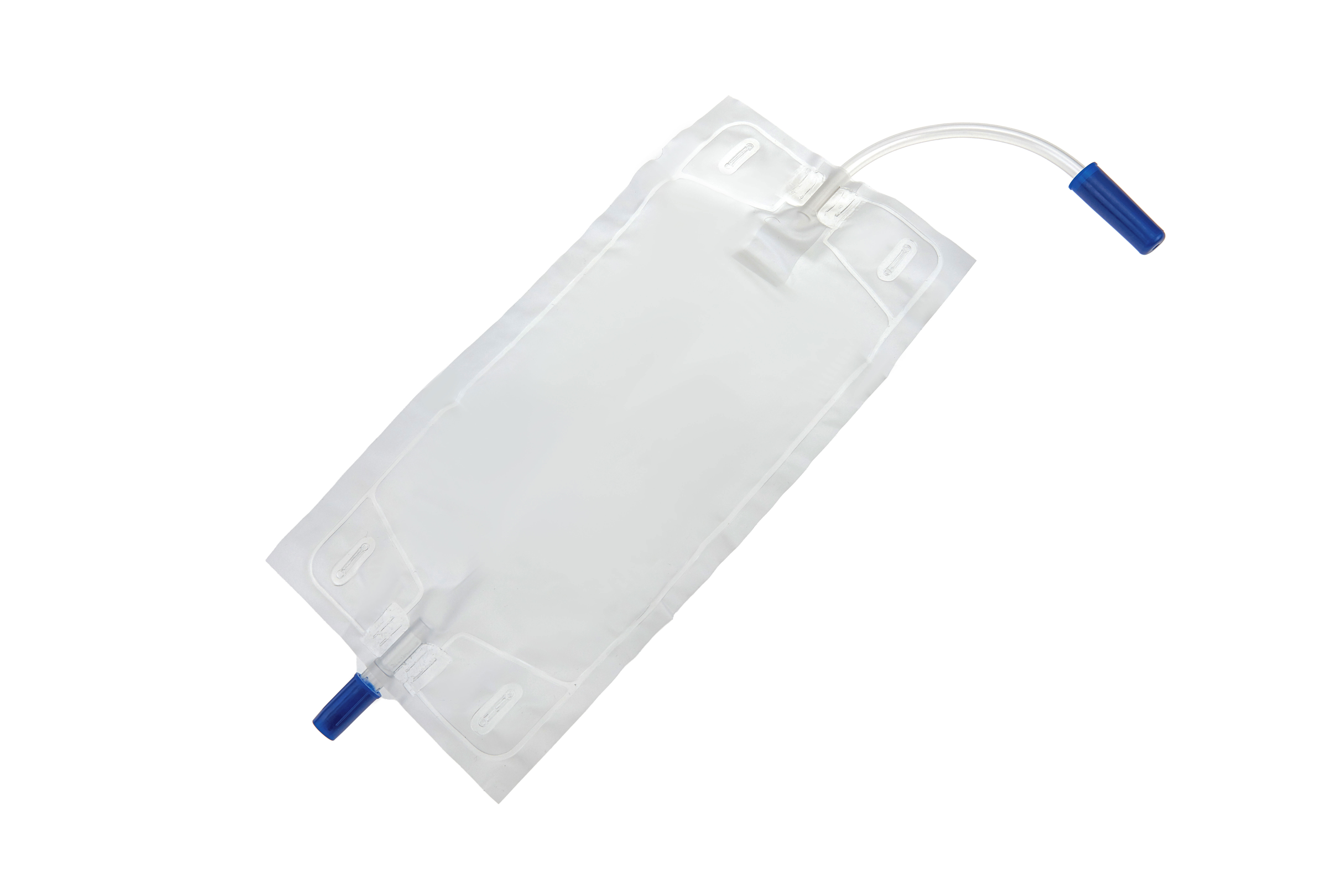 LB750MLNRV Sacche per urina da gamba Romed, 750 ml, con valvola di non ritorno e scarico sul fondo, tubo da 15 cm, sterili, per pezzo in sacchetto di polietilene, per 250 pezzi per collo.