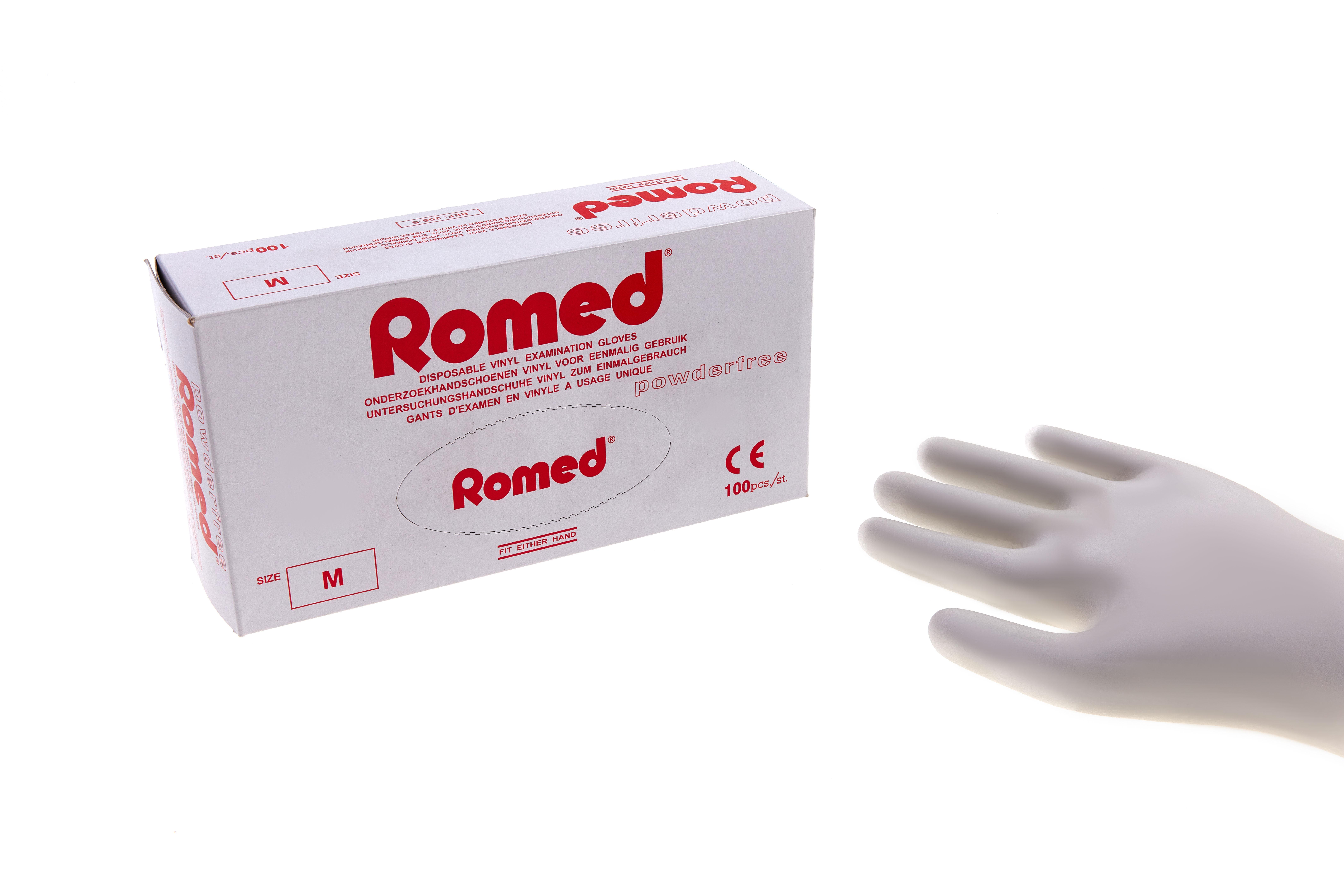 201-S Gants d'examen Romed en vinyle, non stériles, non poudrés, 100 unités par boîte distributrice, 10 x 100 = 1 000 unités par carton.